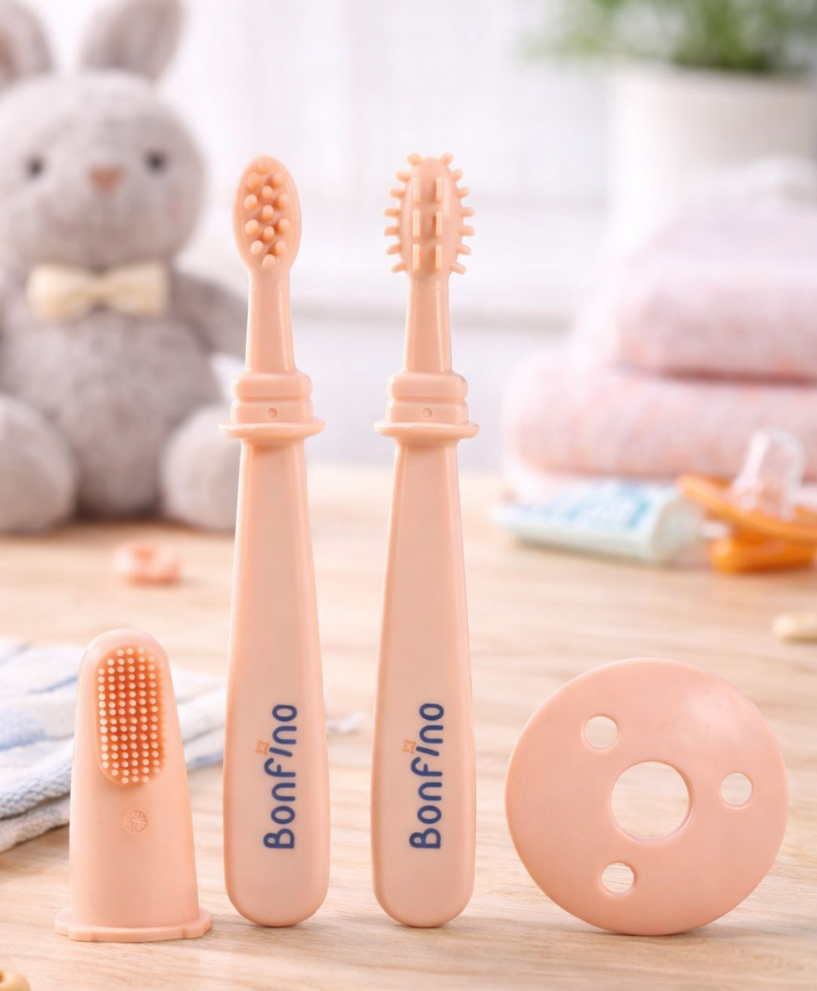 Bonfino Tiny Smile 3-in-1 Brushing Kit - Pink| 0+ Months| Finger Brush Training Brush & Tooth Brush| Anti-Choking Protective Ring| 360° Gentle Cleaning| Ultra Soft Silicone| BPA Free| Easy-Grip Handle-image-49