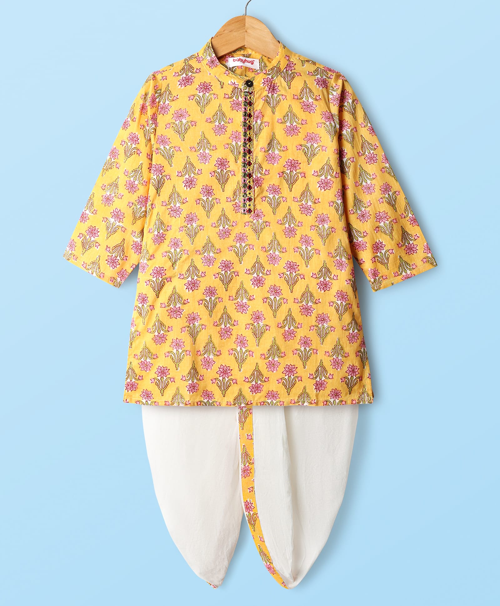 Babyhug Cotton Woven Full Sleeves Kurta Dhoti Set with Floral Print - Yellow & White-image-37