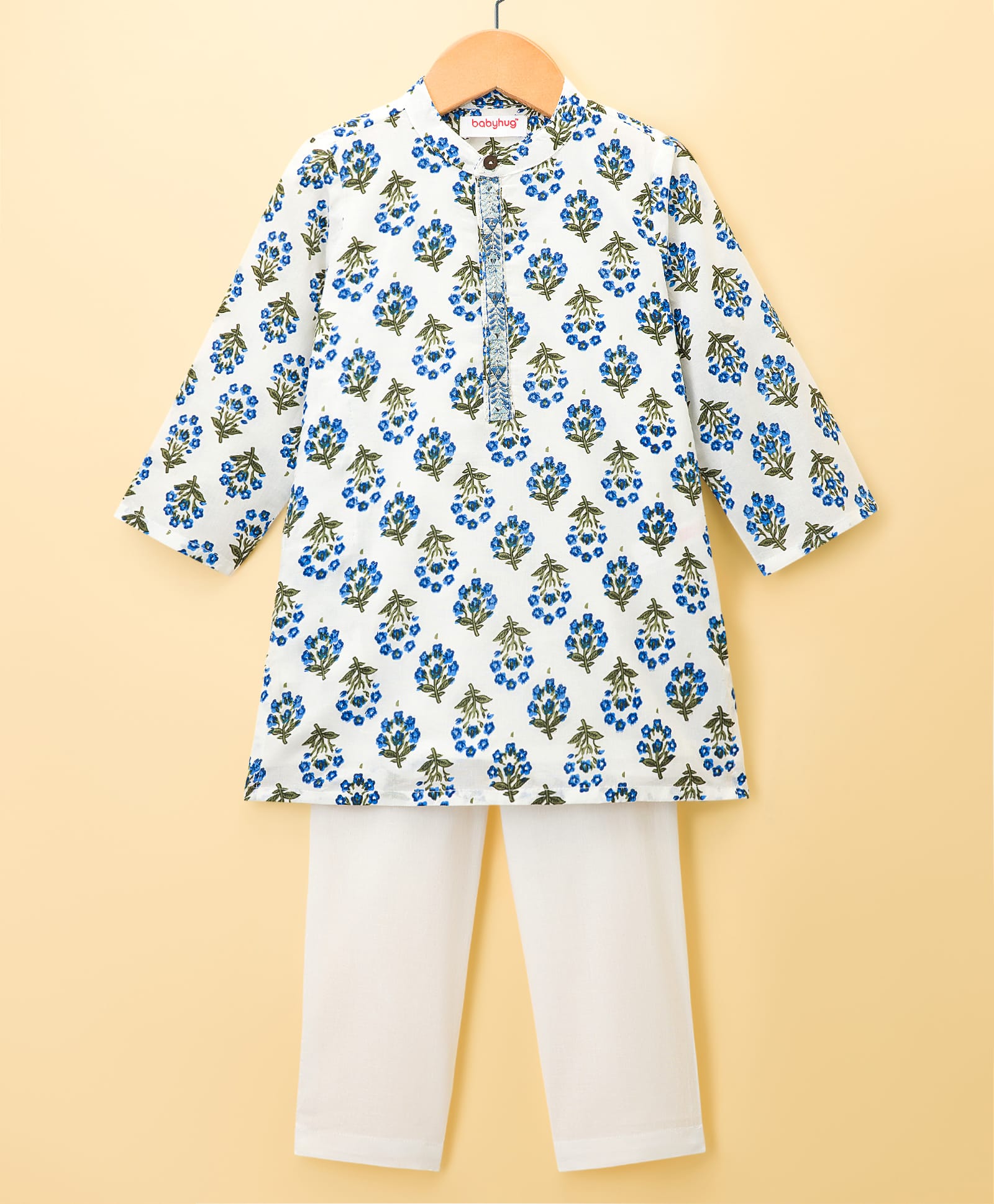 Babyhug Cotton Woven Full Sleeves Kurta & Pyjama Set With Floral Print - White-picture-12