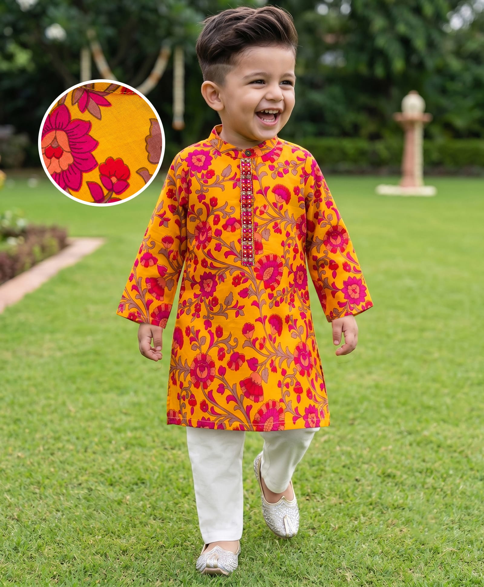 Babyhug Cotton Woven Full Sleeves Kurta & Pyjama Set With Floral Print - Yellow-picture-24