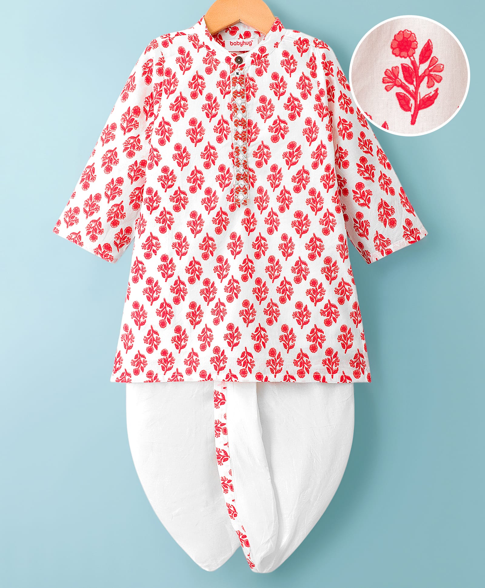 Babyhug Cotton Woven Full Sleeves Cambric Printed Kurta Dhoti Set with Digital Floral Print - White & Pink-picture-16