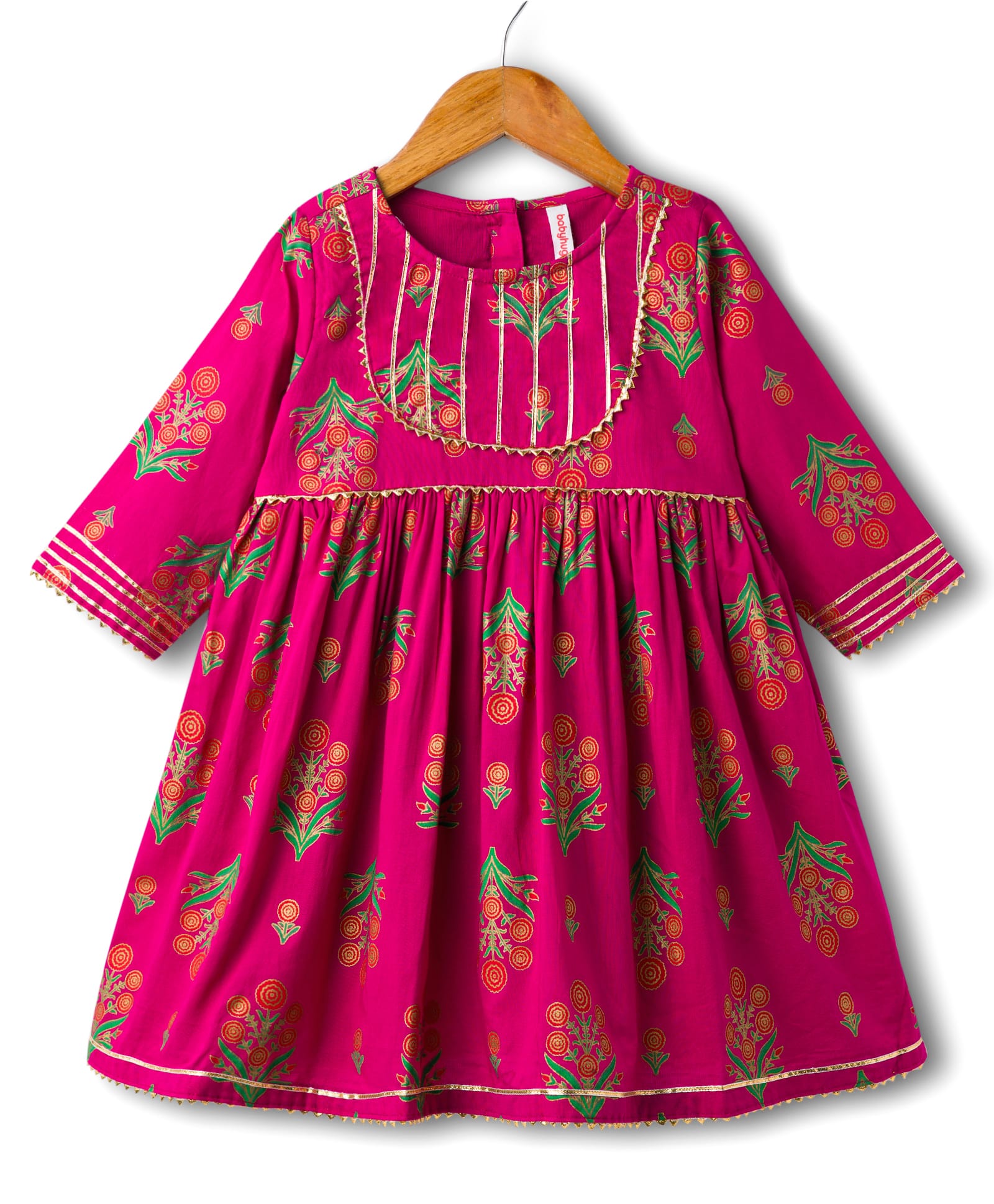 Babyhug Cotton Woven Three Fourth Sleeves Ethnic Dress with Floral Print - Dark Pink-image-28