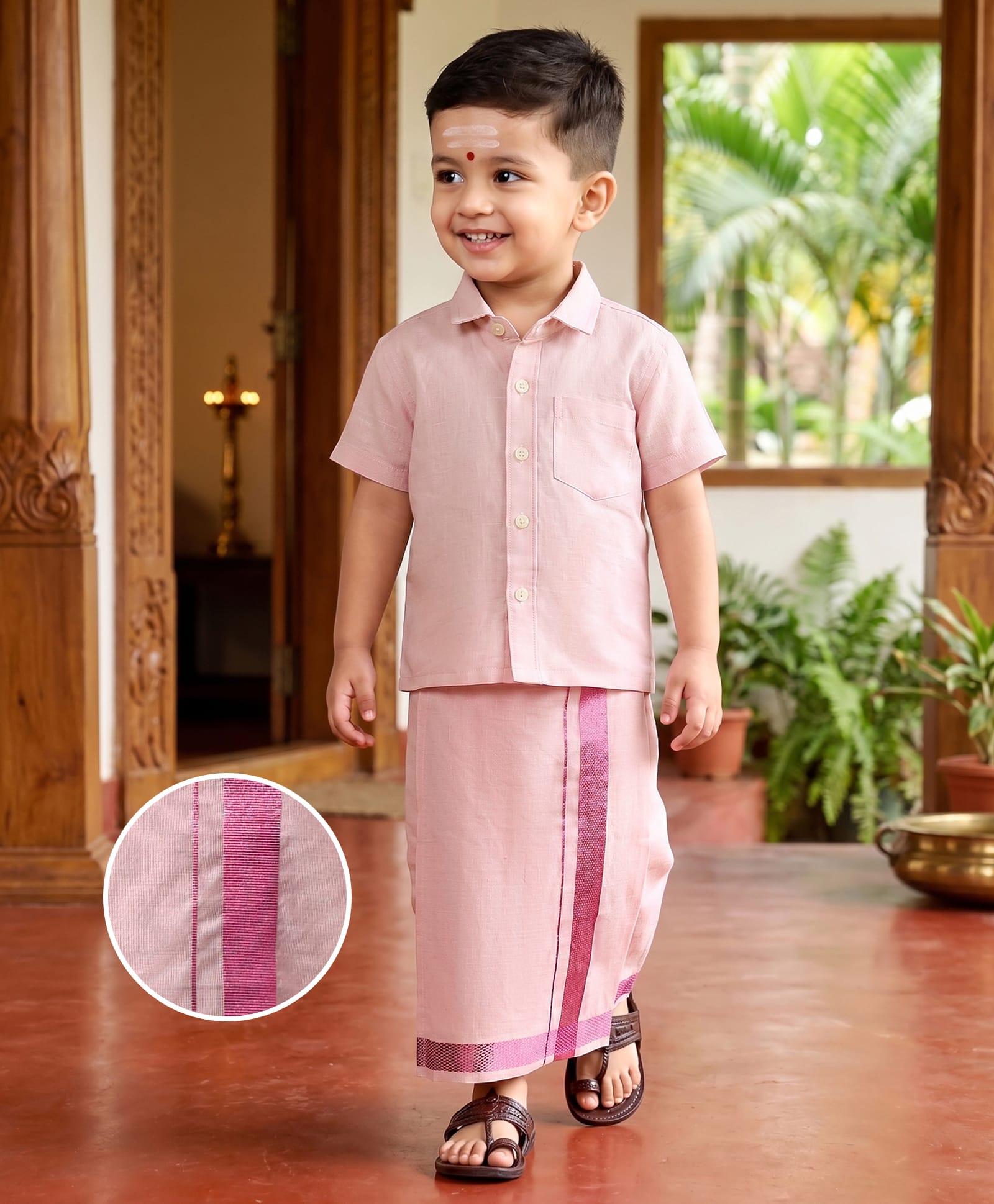 Babyhug Woven Half Sleeves Solid Shirt & Mundu Set - Plum-picture-19