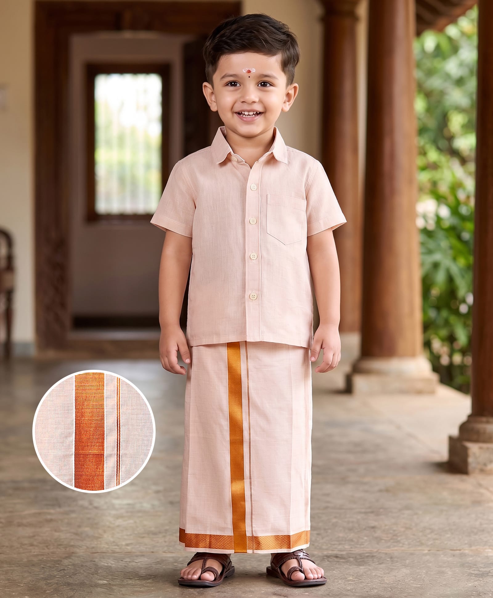 Babyhug Woven Half Sleeves Solid Shirt & Mundu Set - Peach-image-46