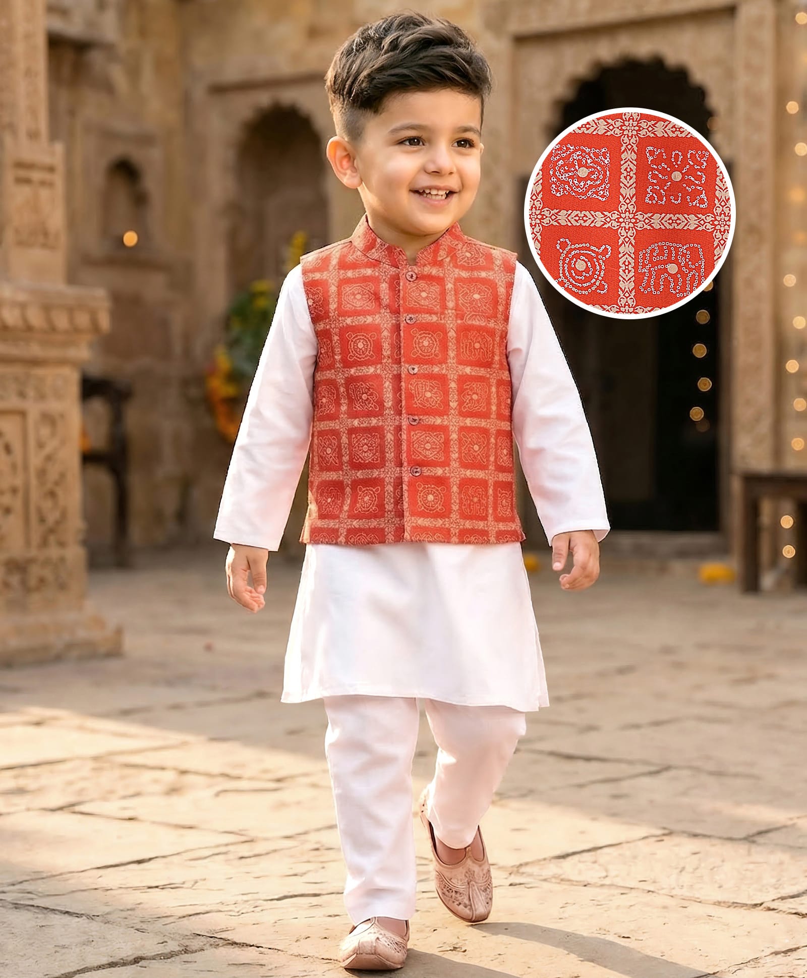 Babyhug Woven Full Sleeves Solid Coloured Kurta Pyjama Set With Brocade Jacket - White & Red-picture-14