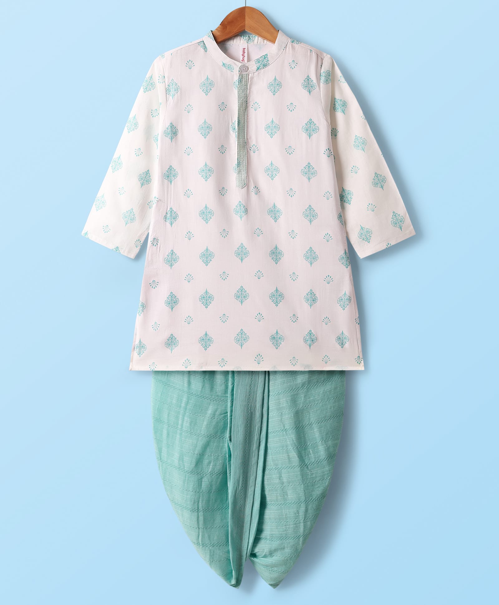 Babyhug Woven Full Sleeves Printed Kurta With Embroidered Dhoti Set - Turquoise & White-image-49