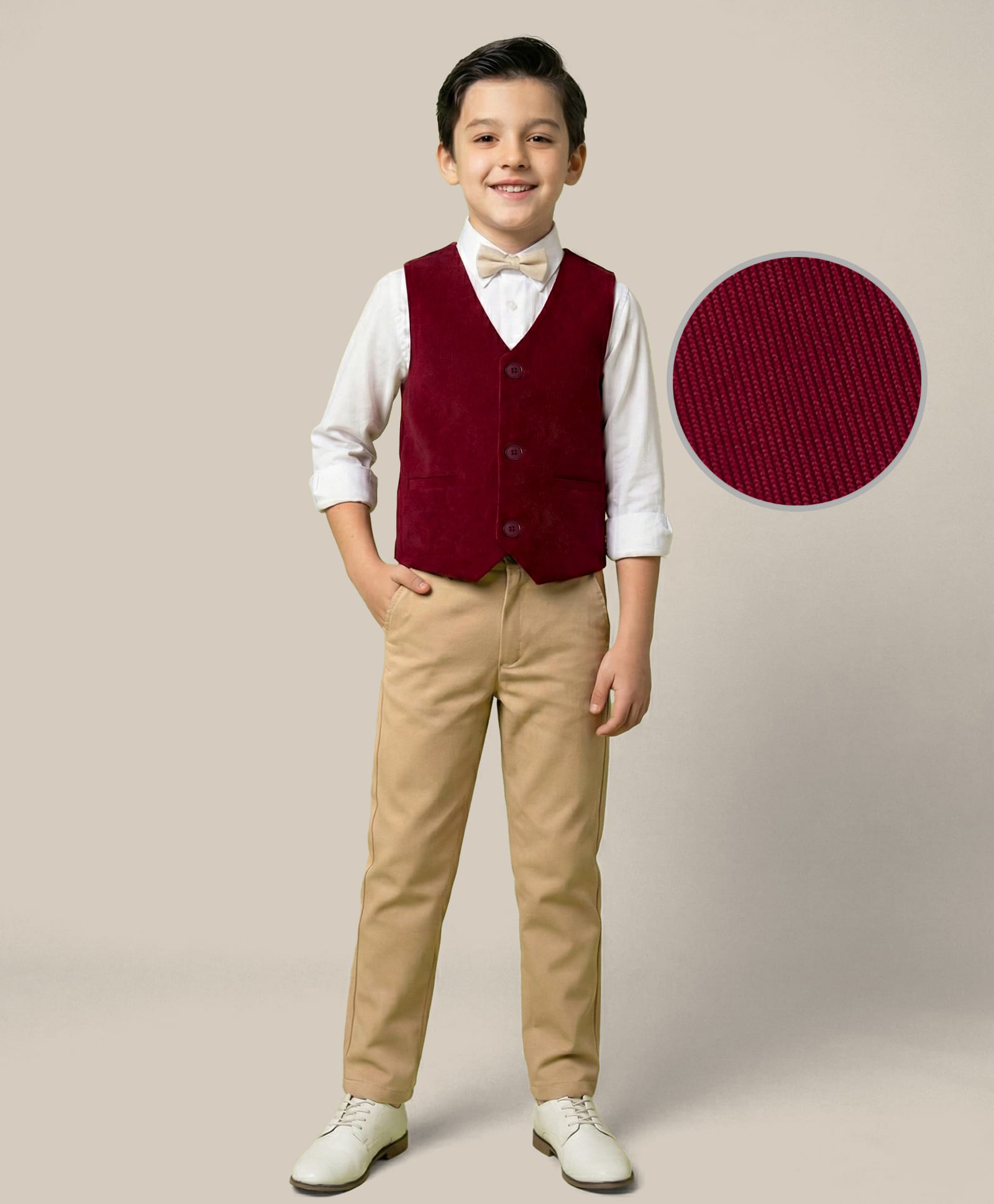Pine Kids Knit Full Sleeves Three Piece Party Suit Set with Bow - Maroon White & Beige-picture-26