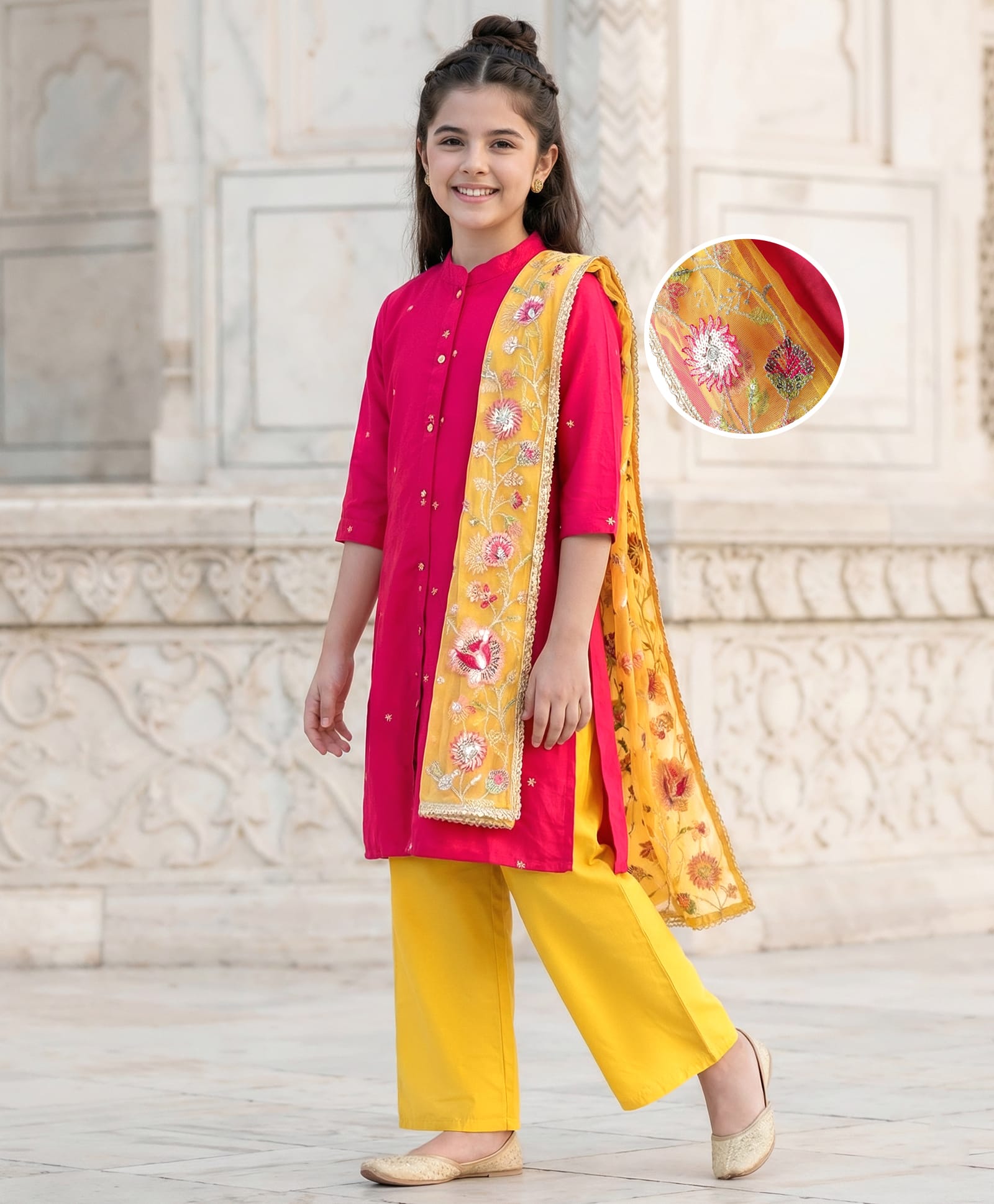 Pine Kids Woven Three Fourth Sleeves Kurta Palazzo Set with Dupatta Floral Embroidery & Sequin & Lace Detailing - Yellow & Dark Pink-image-29