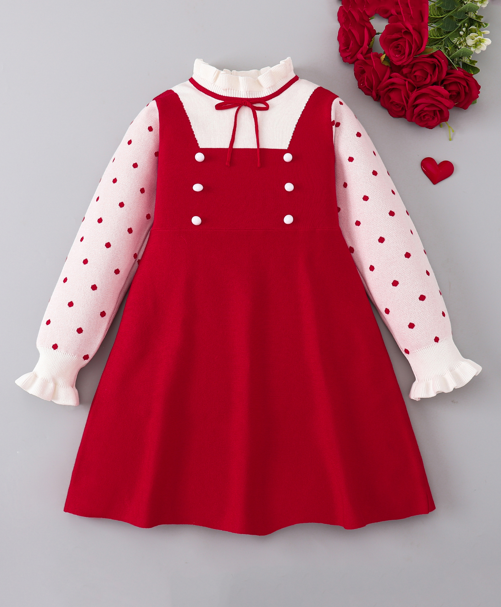 Mark & Mia Woolen Viscose Peasant Full Sleeves Woollen Dress - Red & White-picture-15