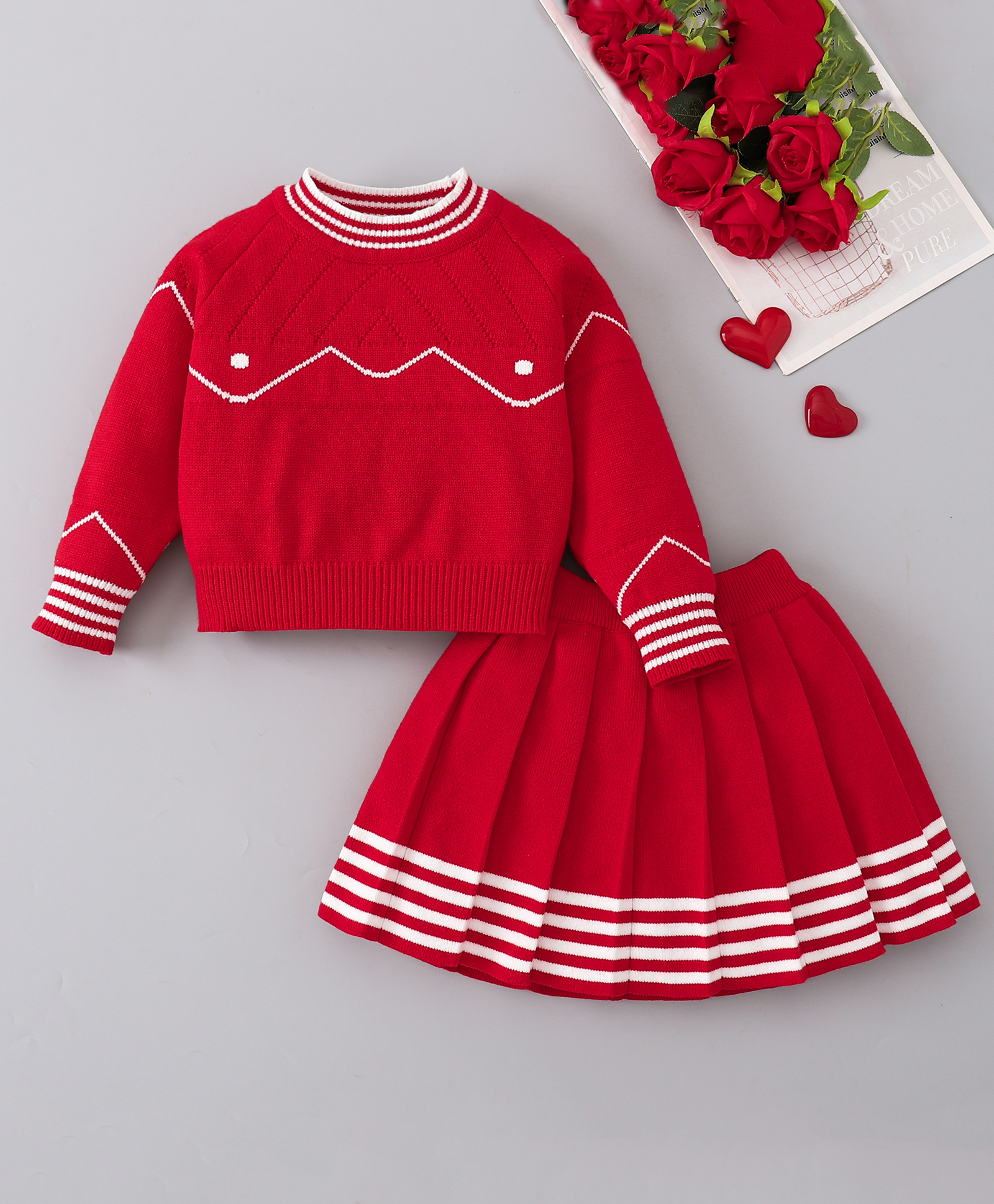 Mark & Mia Viscose Full Sleeves Pullover Sweater & Skirt Set - Red-image-36
