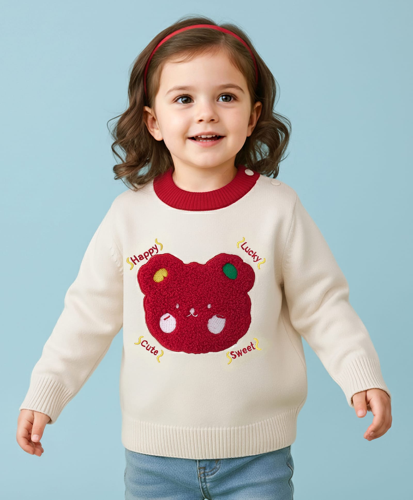 Mark & Mia Viscose Full Sleeves Pullover Sweater with Teddy Bear Design - Ivory-image-3