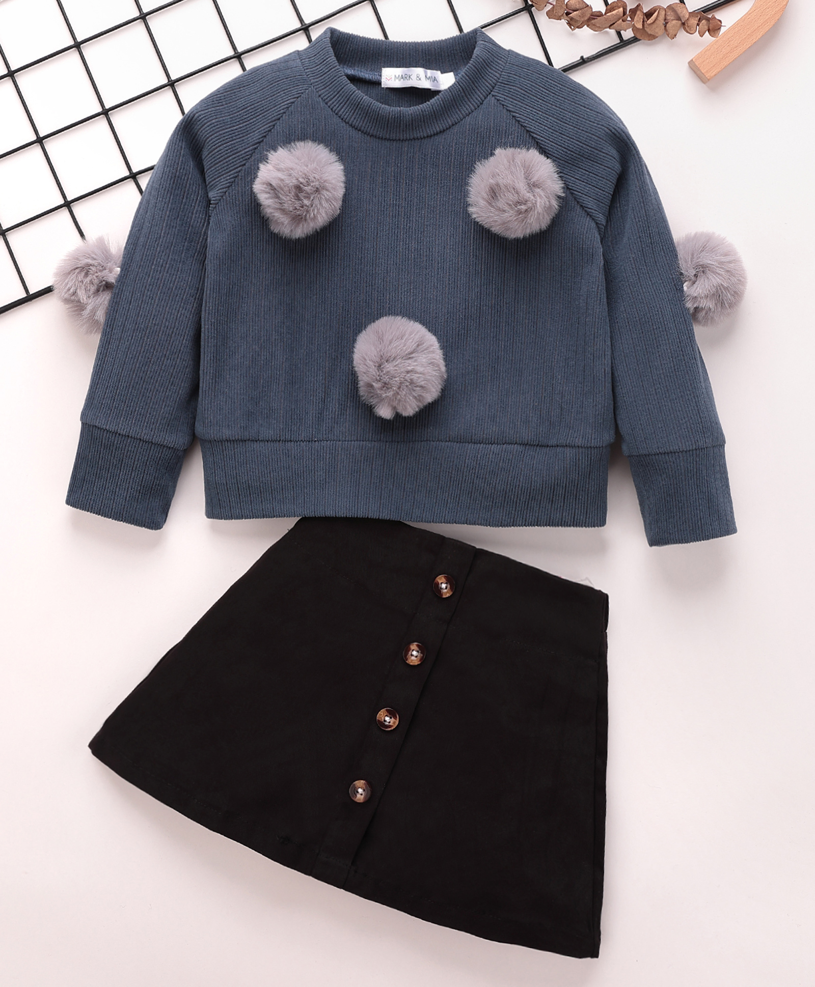 Mark & Mia Full Sleeves Solid Color Top & Skirt Set With Pom Pom Detailing - Navy Blue & Black-image-14