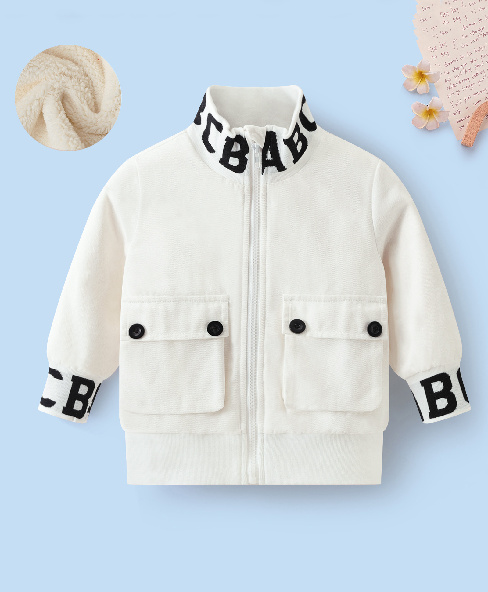 Mark & Mia Cotton Knit Full Sleeves Front Open Winter Jacket With Text Print - White-picture-10