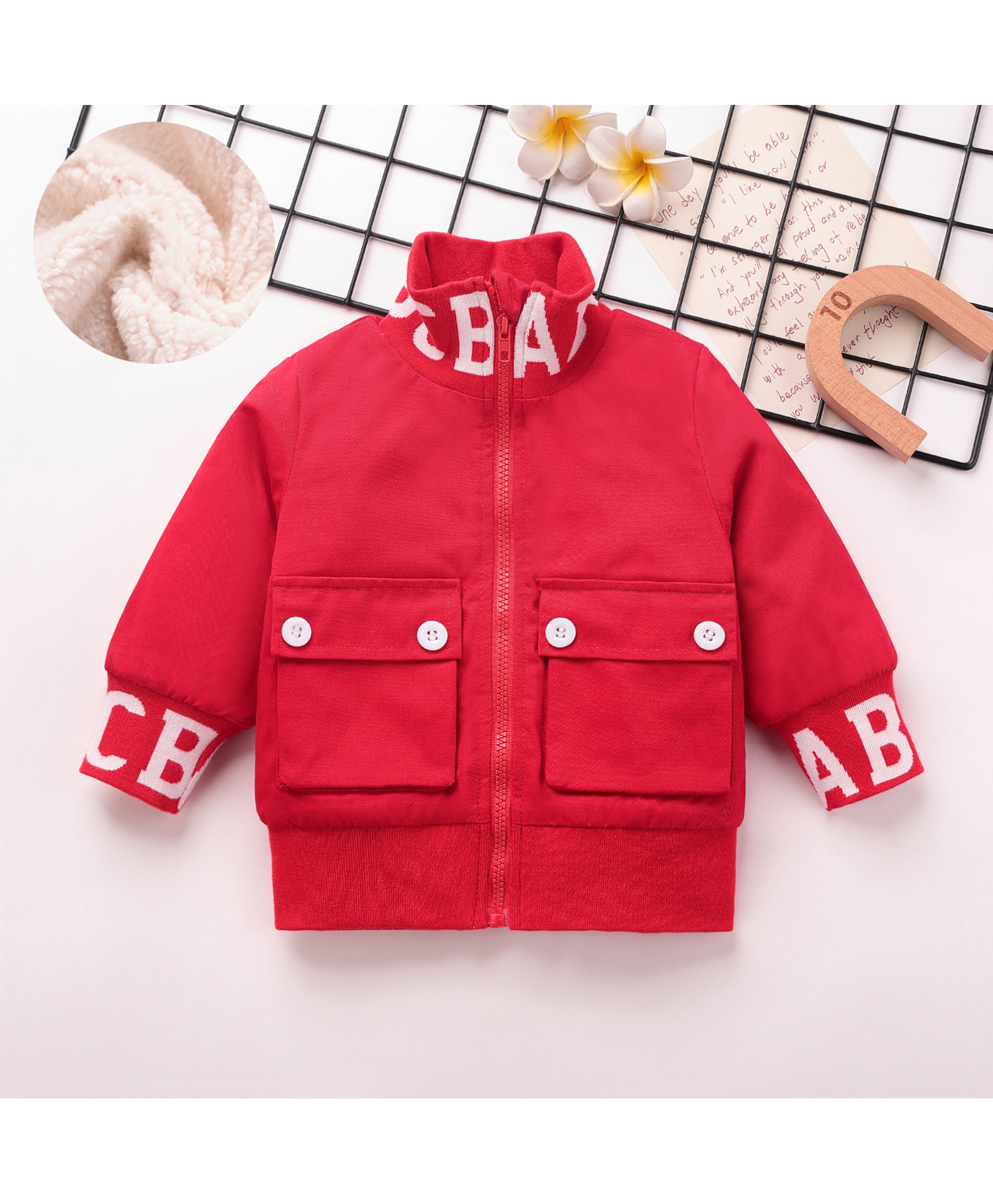 Mark & Mia Cotton Knit Full Sleeves Front Open Winter Jacket With Text Print - Red