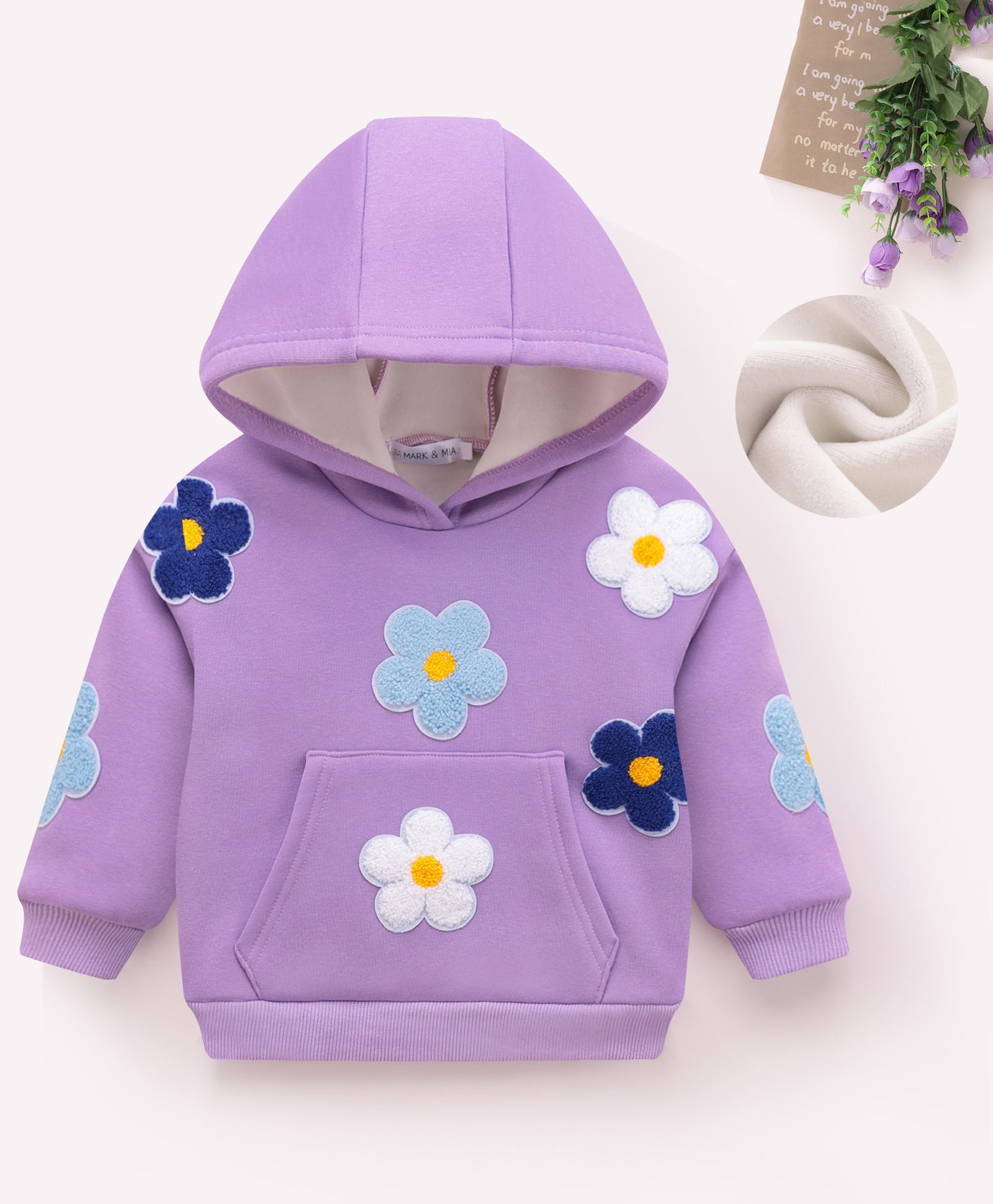 Mark & Mia Cotton Knit Full Sleeves Hooded Sweatshirt With Kangaroo Pocket & Floral Applique - Plum-picture-11