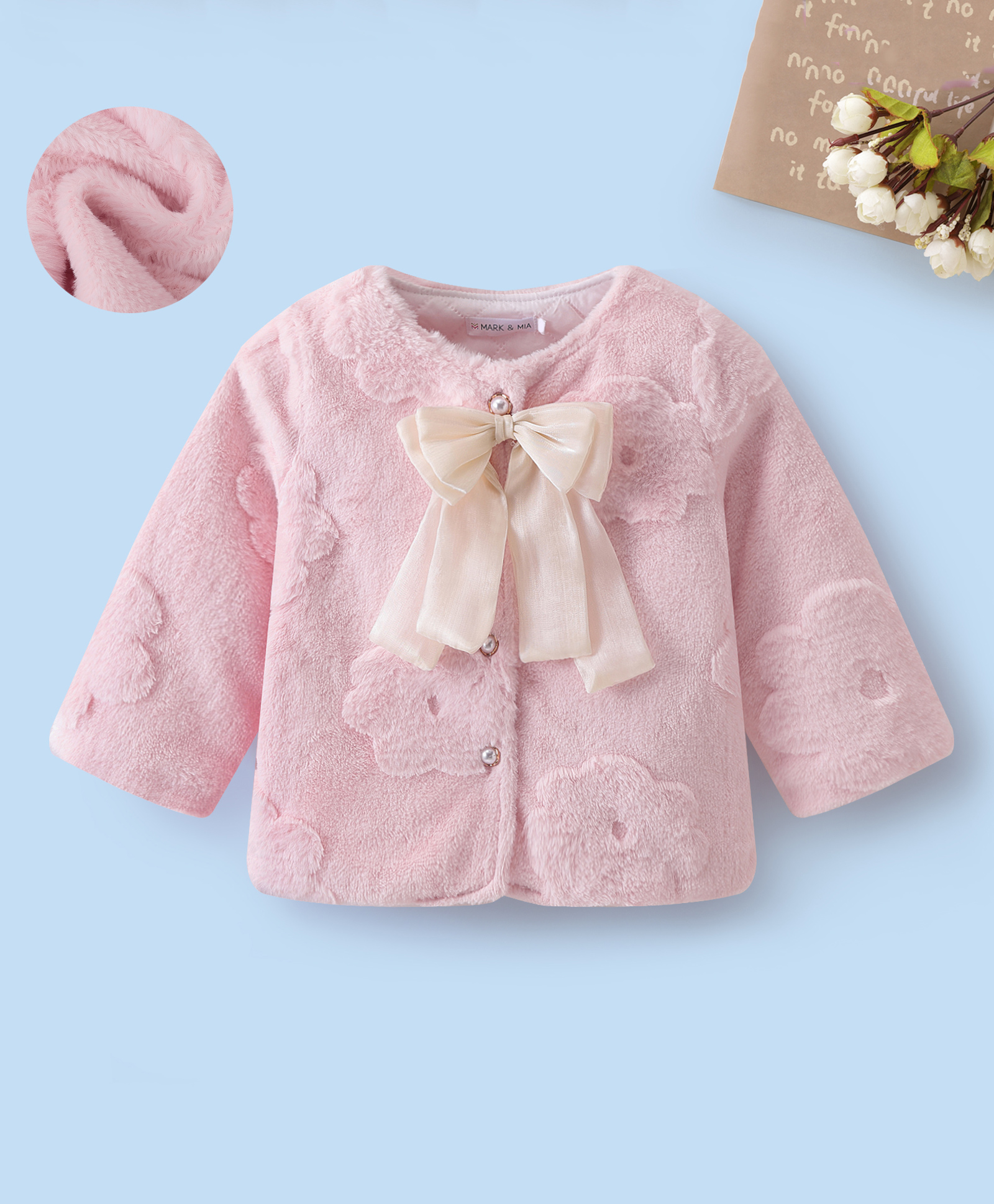Mark & Mia Woven Full Sleeves Winter Jacket With Fur Floral Detailing & Bow Applique - Pink-picture-11