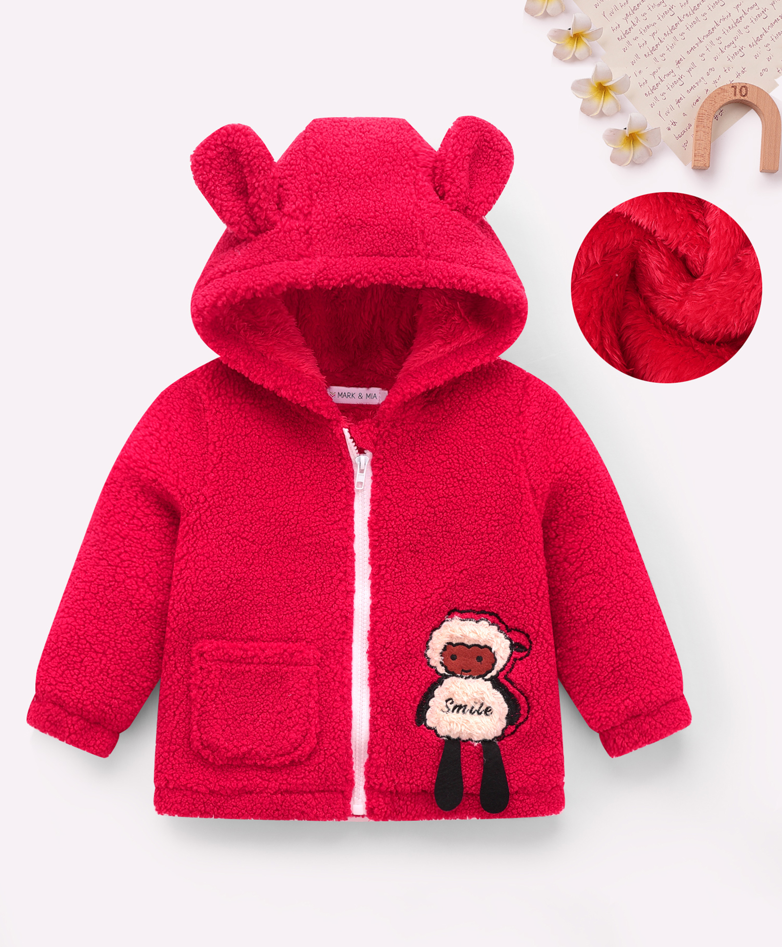 Mark & Mia Full Sleeves Hoodie with Sheep Ear Applique Embroidery & Pocket - Red-picture-18