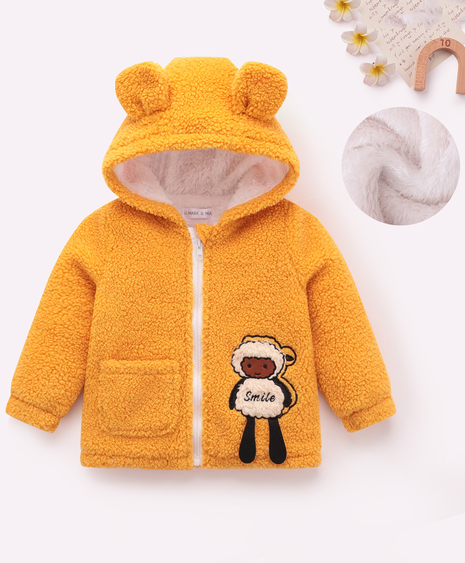 Mark & Mia Full Sleeves Front Open Hooded Winter Jacket with Pocket & Sheep Design - Yellow-image-40