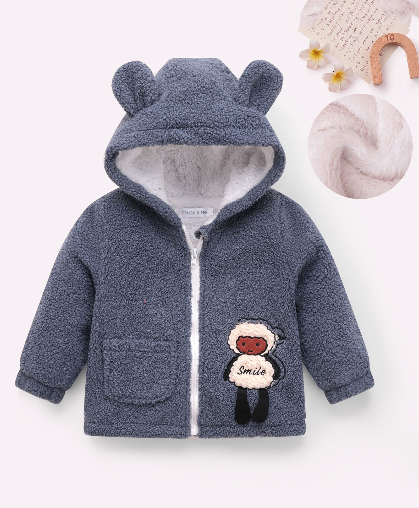 Mark & Mia Full Sleeves Hooded Winter Jacket with Sheep Patch & Ear Applique - Navy Blue-image-43