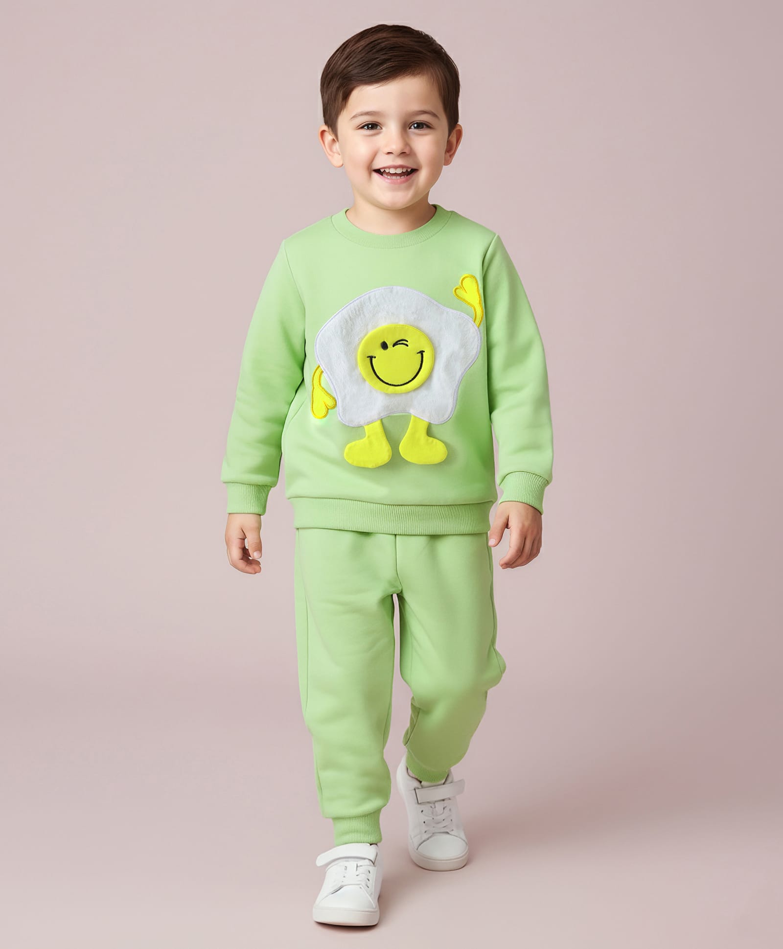Mark & Mia Cotton Full Sleeves T-Shirt & Lounge Pant Set With Smiley Face Embriodery - Light Green