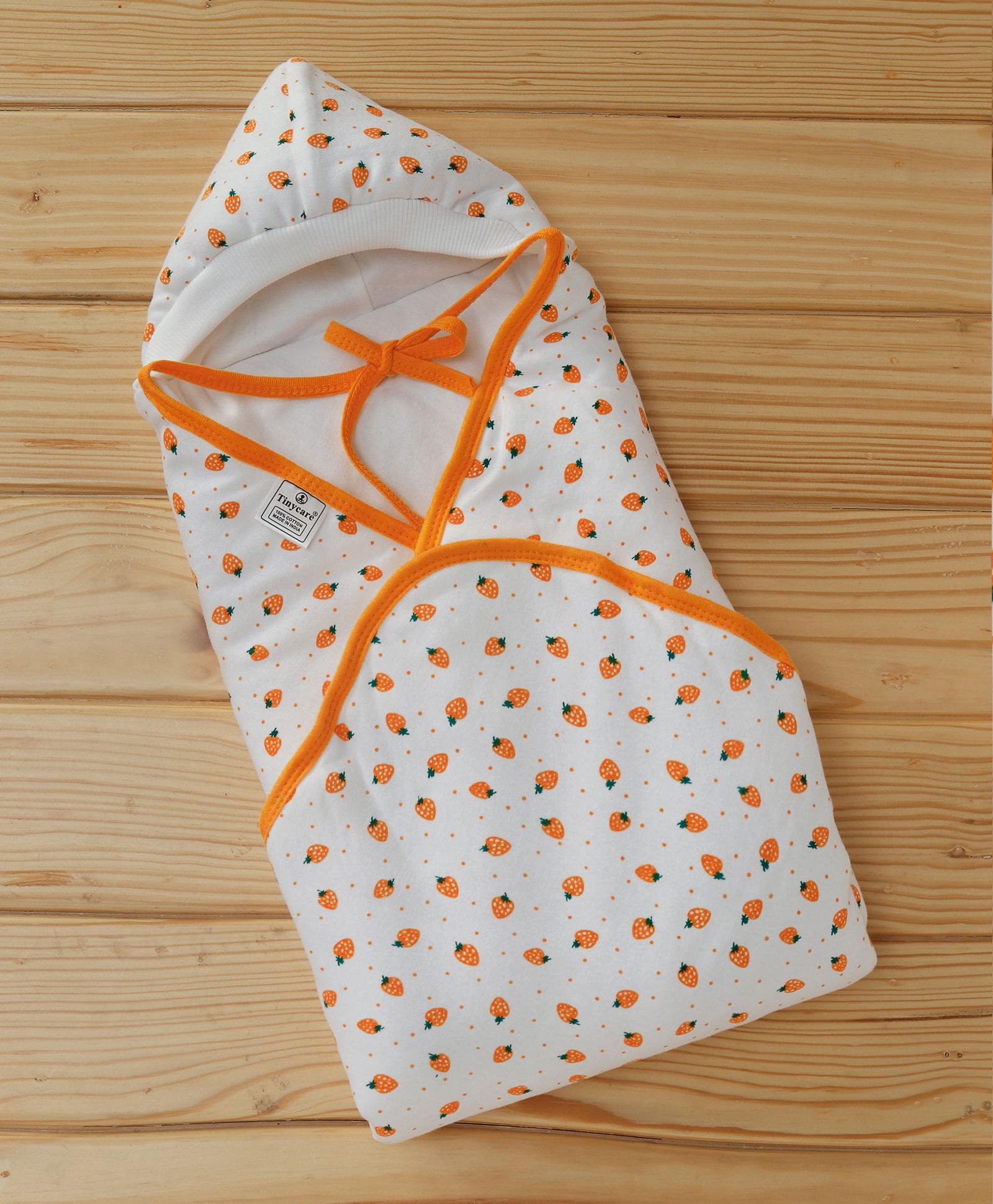 Tinycare Hooded Wrapper Strawberry Print - Light Orange White-image-40