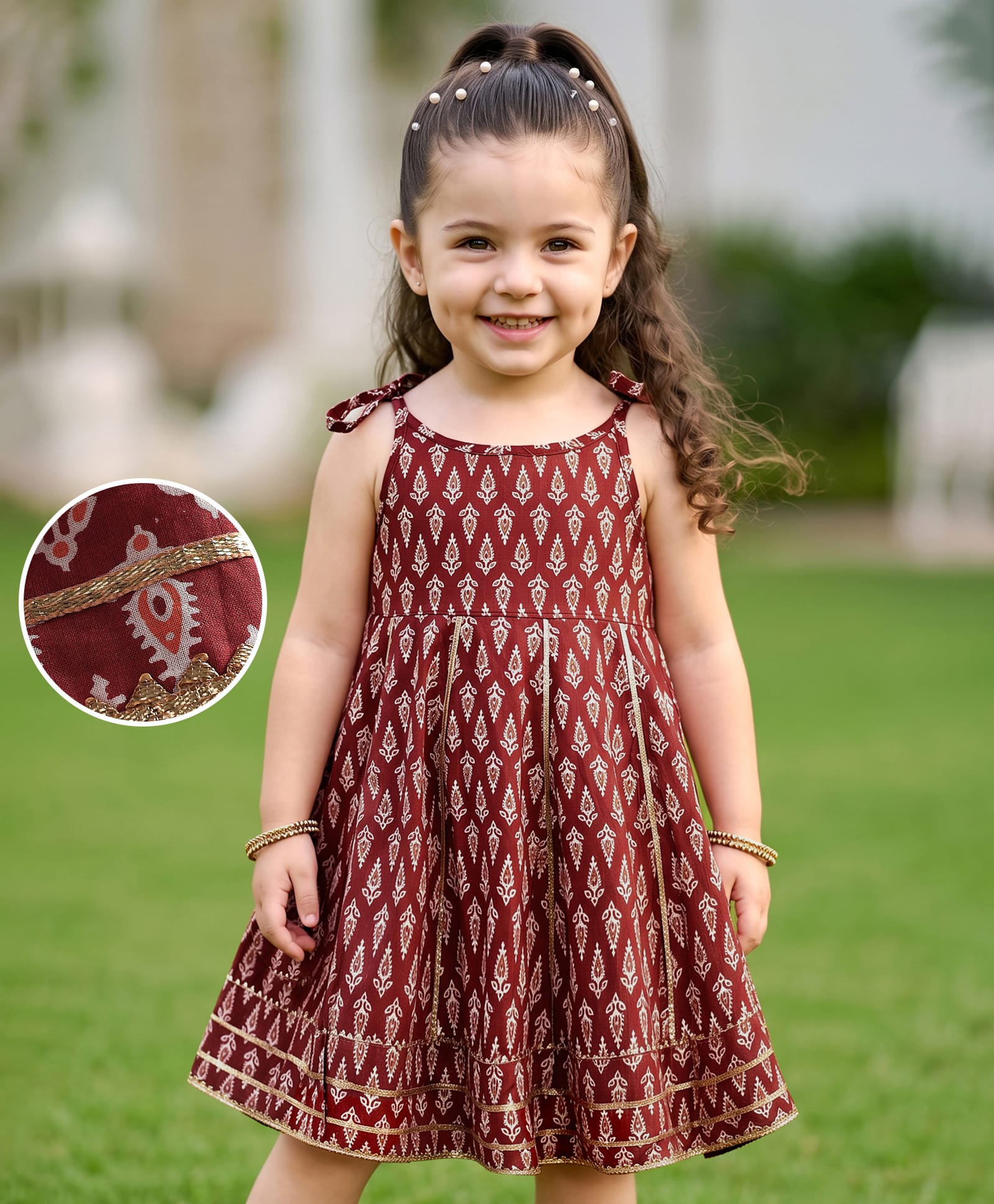 Babyhug 100% Cotton Sleeveless Full Length Floral Printed Ethnic Dress - Maroon-picture-14