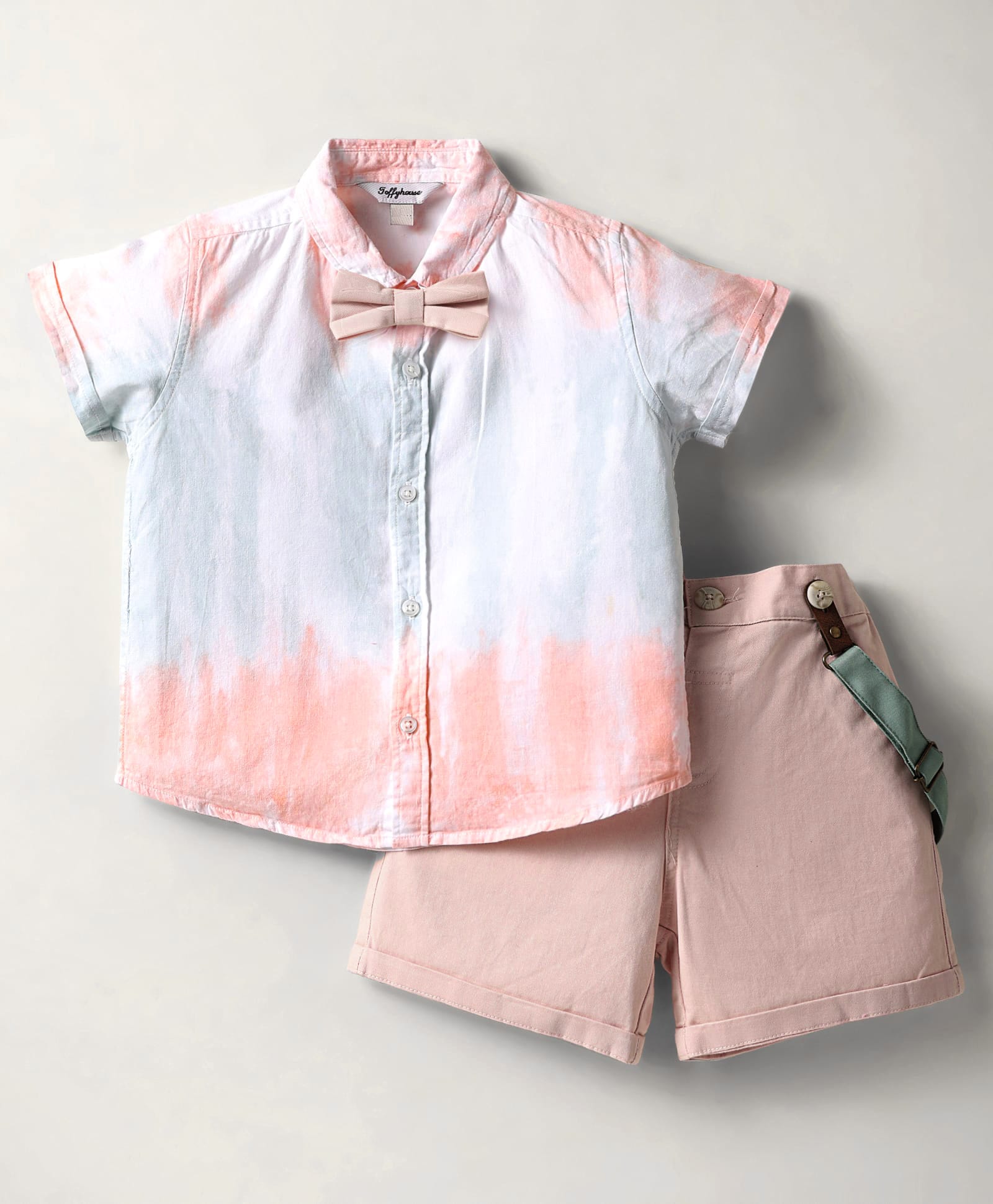 ToffyHouse Poplin Woven Half Sleeves Color Block Shirt & Shorts With Bow & Suspender - Light Pink-picture-7