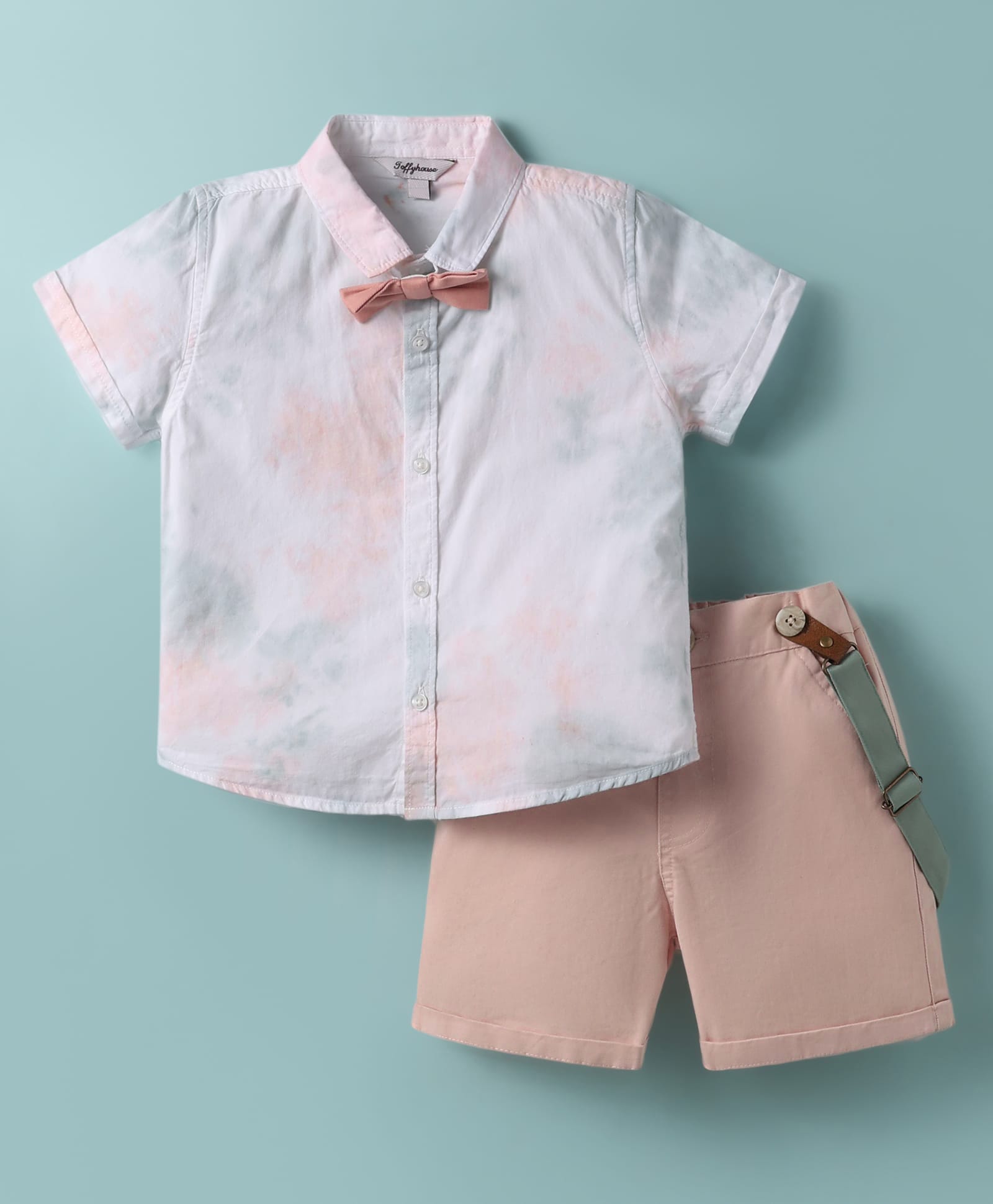 ToffyHouse Poplin Woven Half Sleeves Tie & Dye Printed Shirt & Shorts With Bow & Suspender - White & Light Pink-image-27