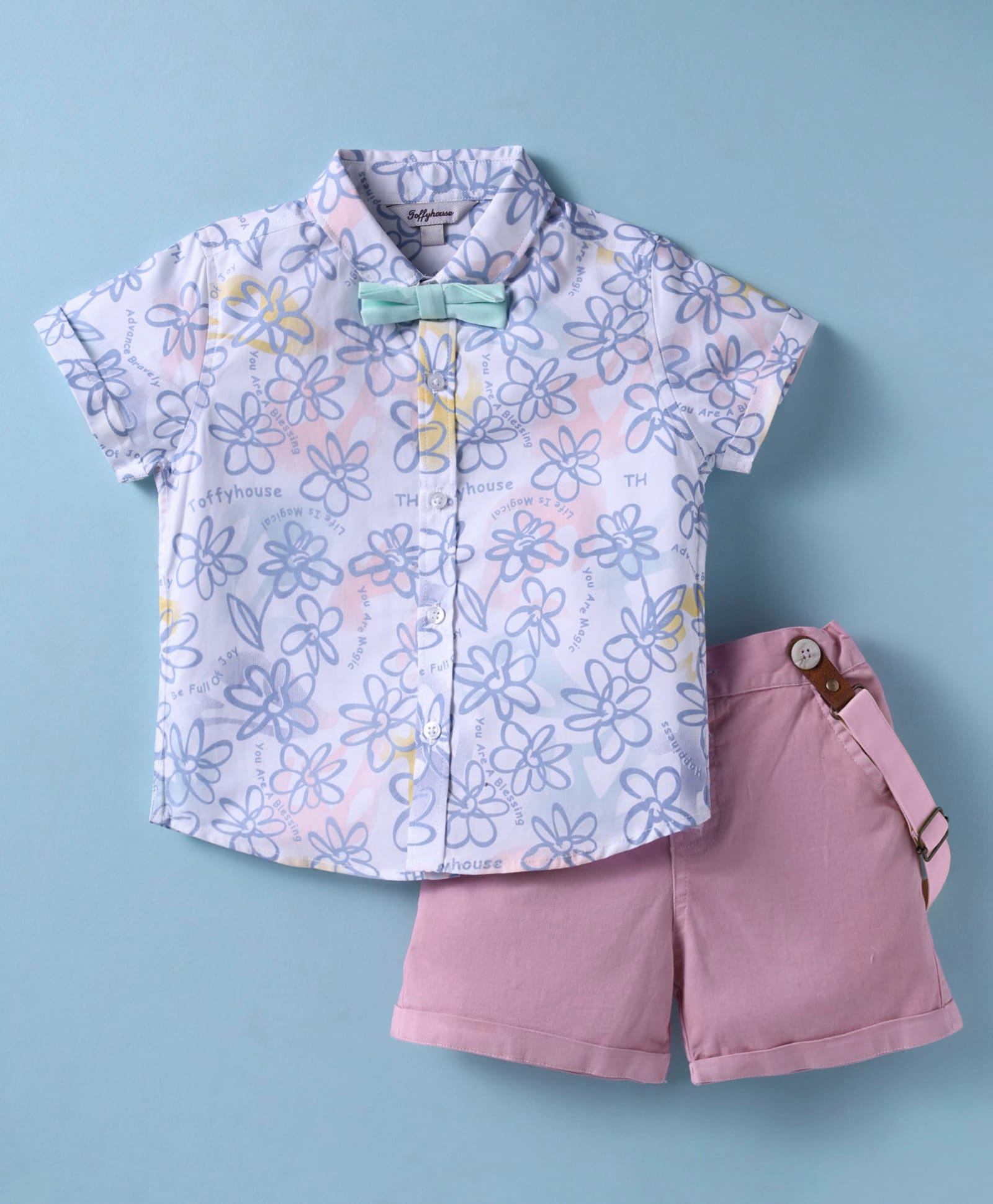 ToffyHouse Poplin Woven Half Sleeves Floral Printed Shirt & Shorts Set With Bow & Suspender - Lavender-image-48
