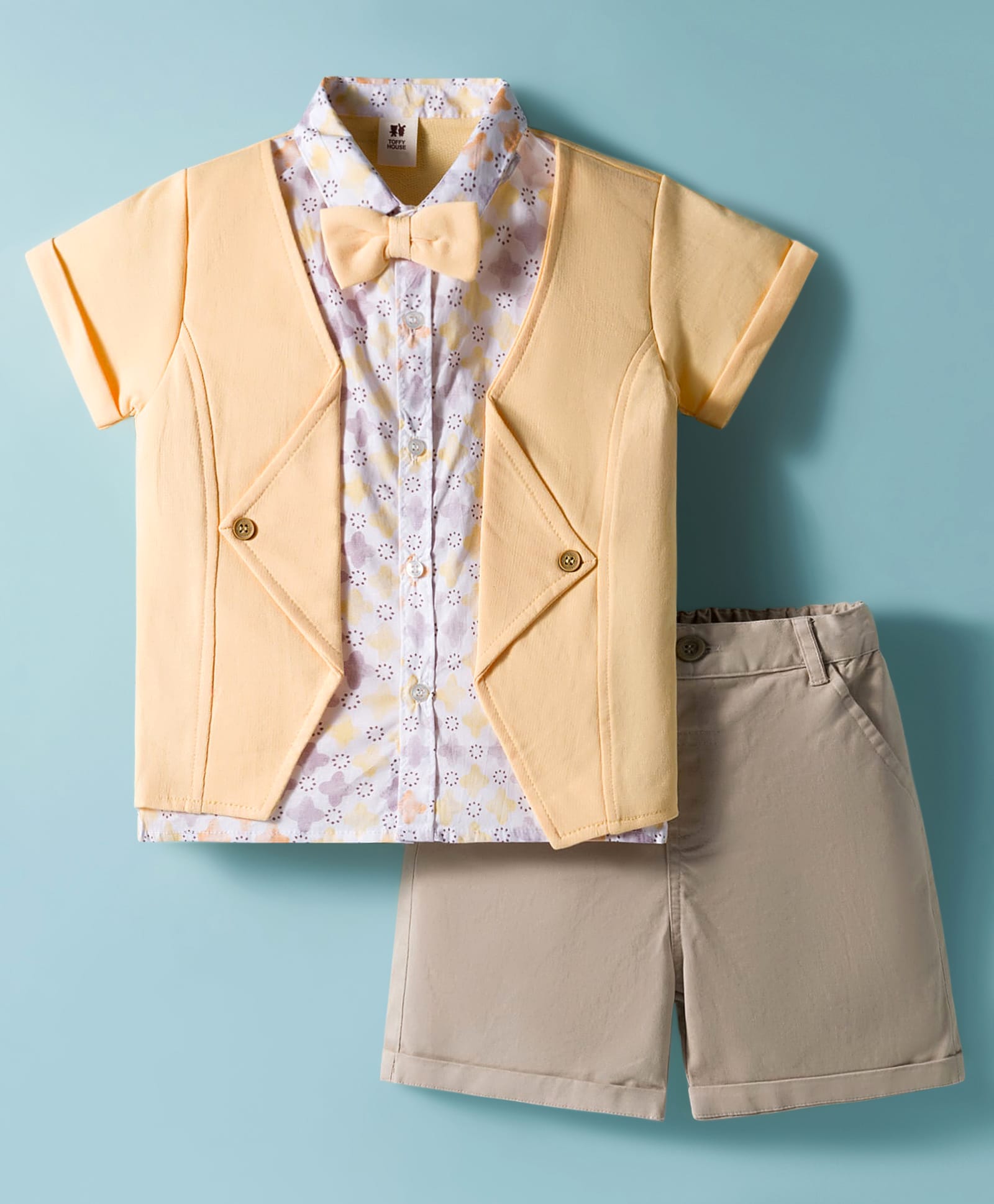 ToffyHouse Poplin Woven Half Sleeves Printed Shirt & Short Set with Bow - Tan-image-18