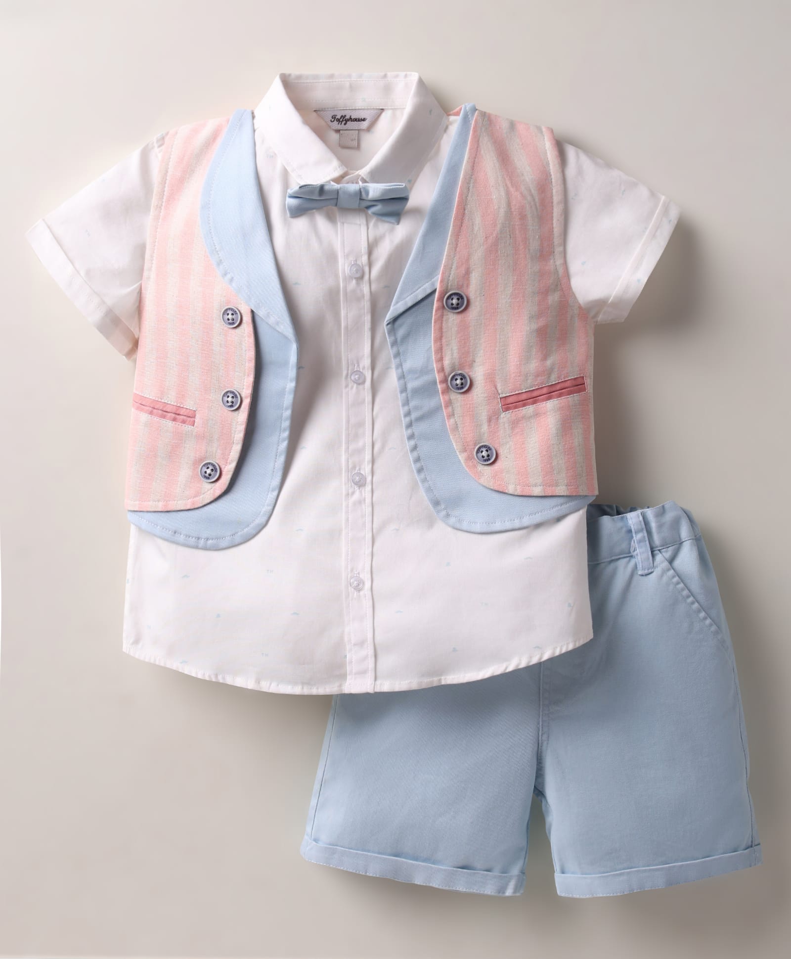 ToffyHouse Poplin Woven Half Sleeves Striped Three Piece Party Suit with Bow - White Pink & Light Blue-image-37