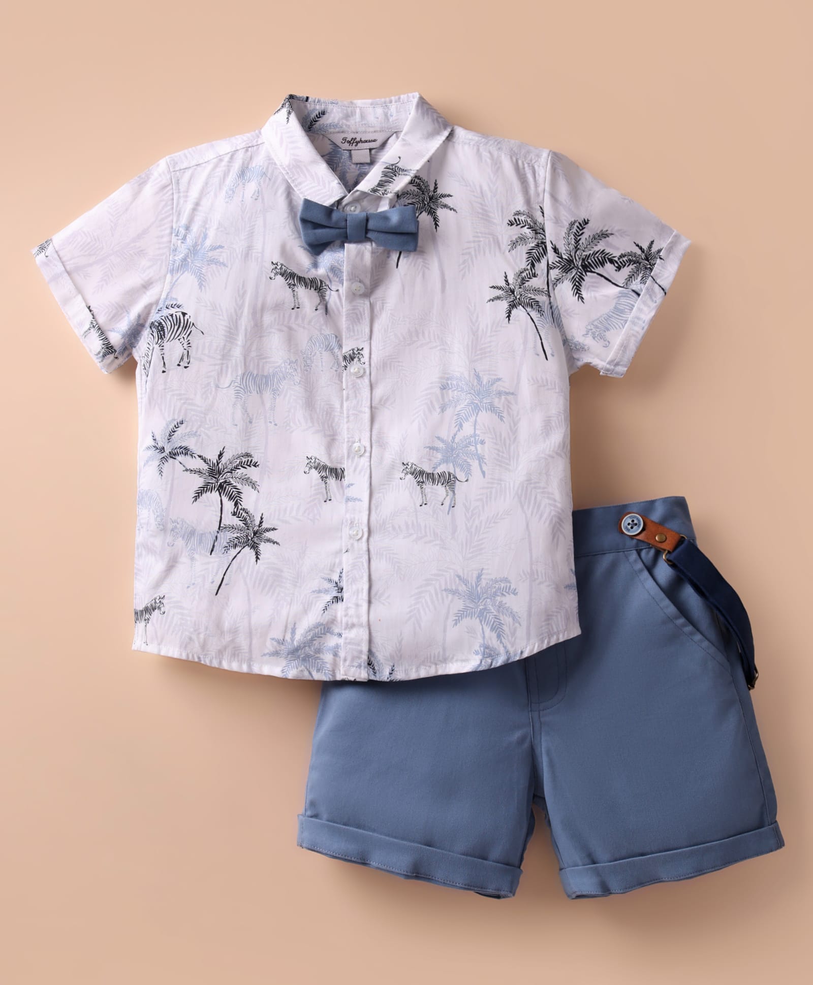 ToffyHouse Poplin Woven Half Sleeves Zebra Printed Shirt & Shorts With Bow & Suspender - White & Blue-image-46