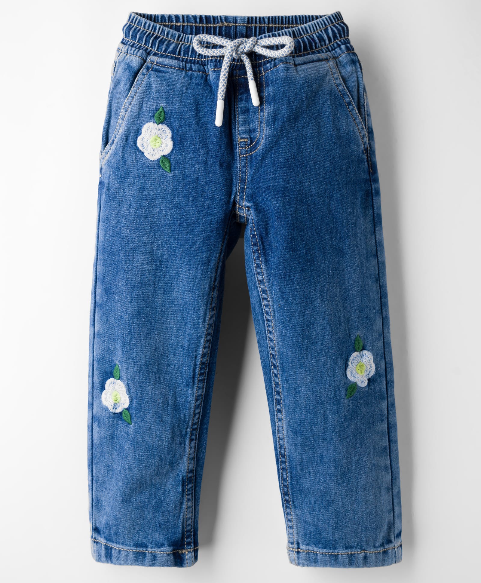 Kookie Kids Full Length Denim Jeans With Floral Embroidery & Elasticated Waist With Drawcord - Blue