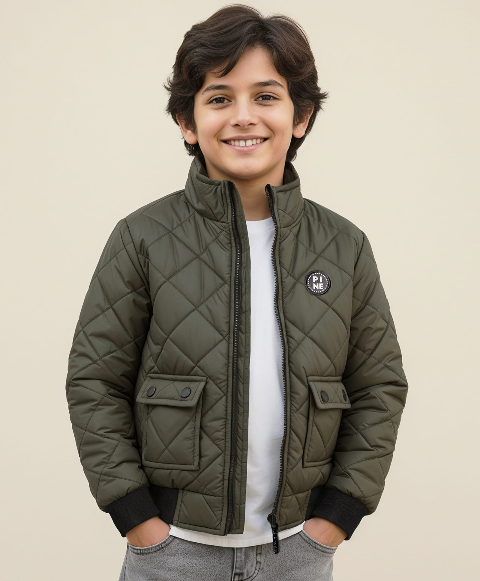 Pine Kids Woven Full Sleeves Solid Quilted Jacket - Olive Green-picture-11