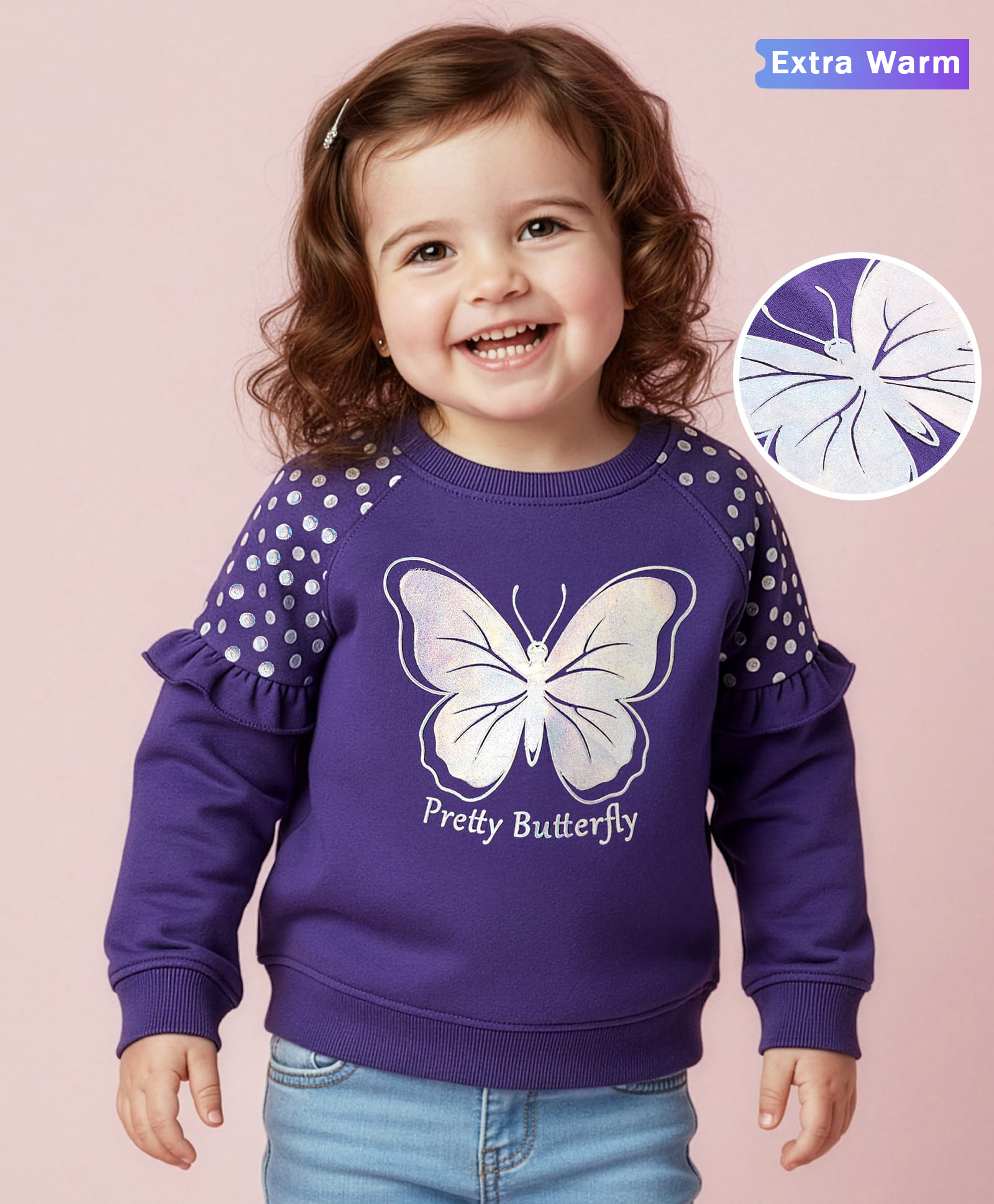 Babyoye 100% Cotton Knit Full Raglan Sleeves Sweatshirt with Butterfly Print - Navy Blue-picture-37