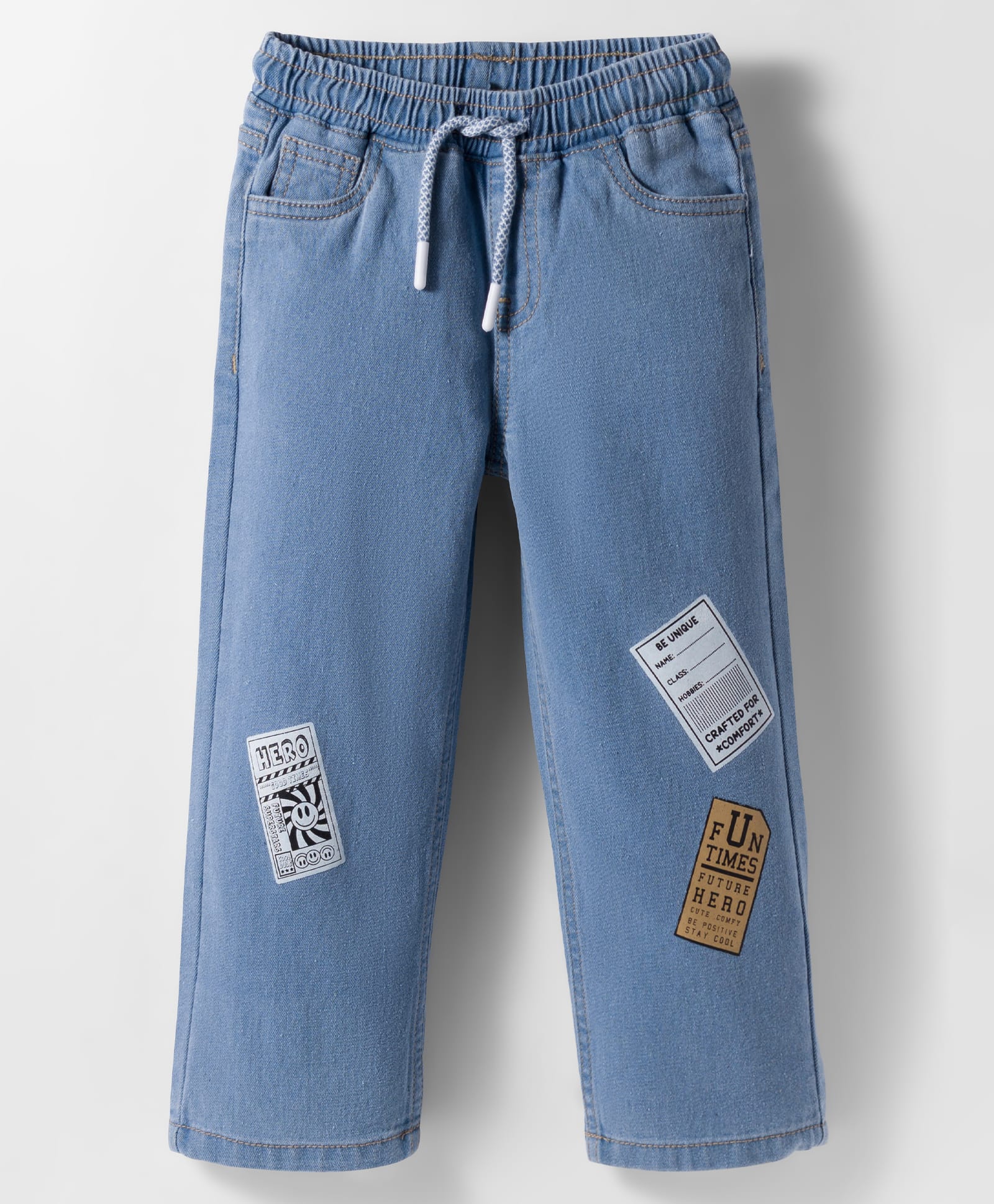 kookie kids india Kookie Kids Denim Full Length Jeans with Badge Prints Elasticated Waist and Drawcord - Blue-picture-25
