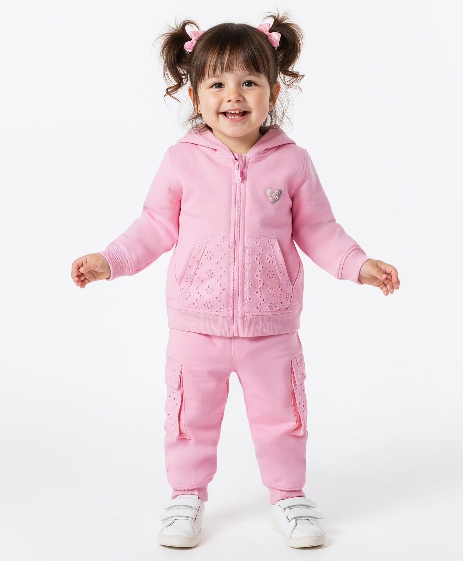 Babyoye 100% Cotton Knit Full Sleeves Winter Wear Hooded Sweatshirt & Lounge Pant Set With Heart Print - Pink-picture-35