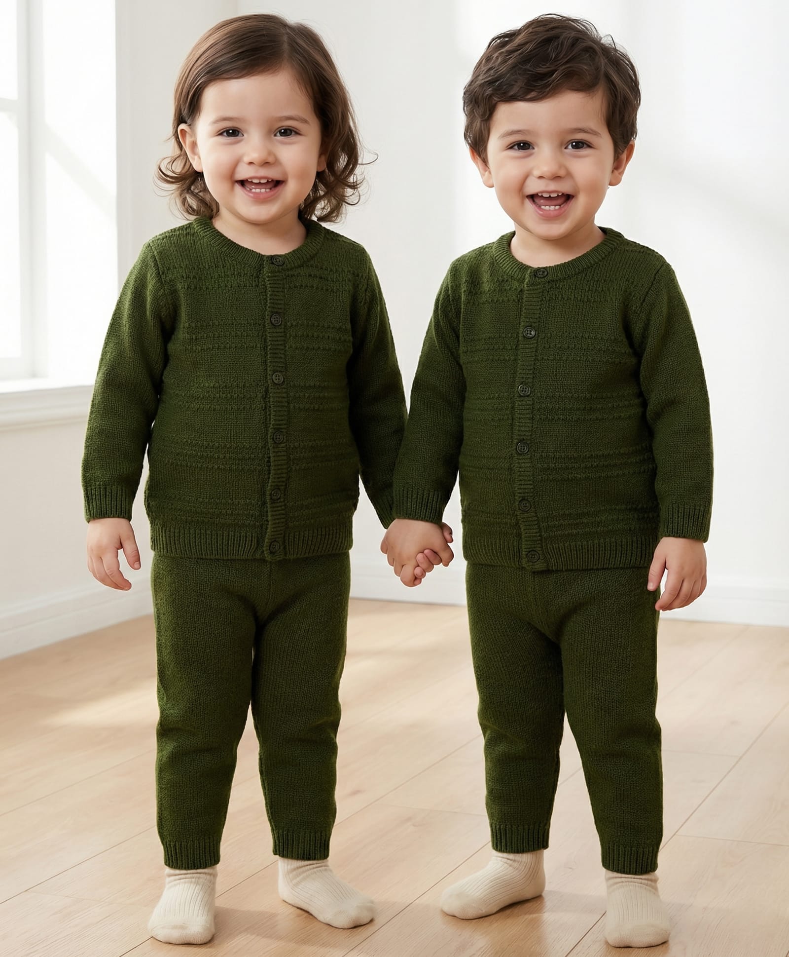 Babyhug Knit Full Sleeves Solid Color Front Open Sweater Set - Green-image-35