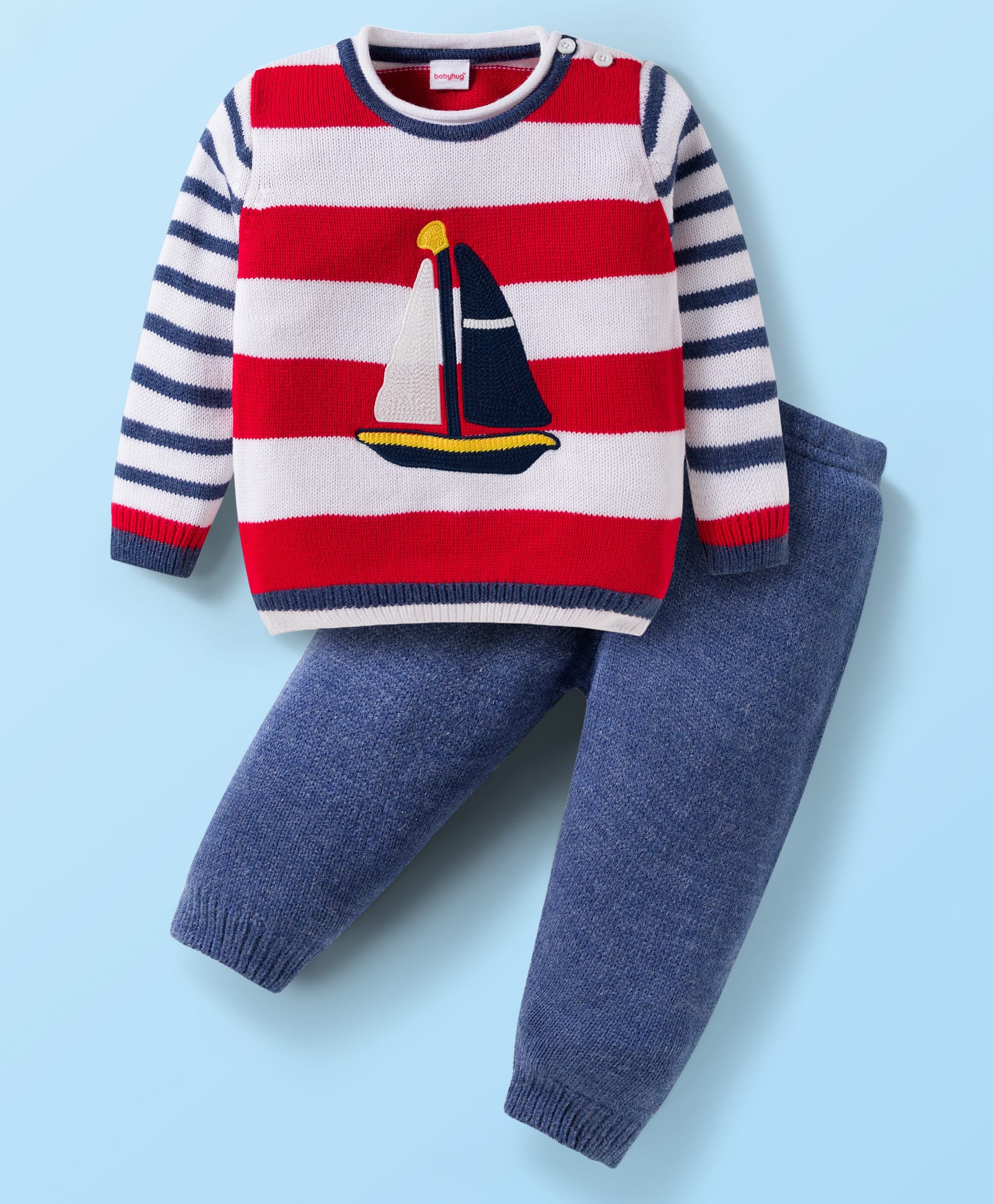 Babyhug Knit Full Sleeves Striped Pullover Sweater Set with Ship Patch Detailing - Red-picture-27