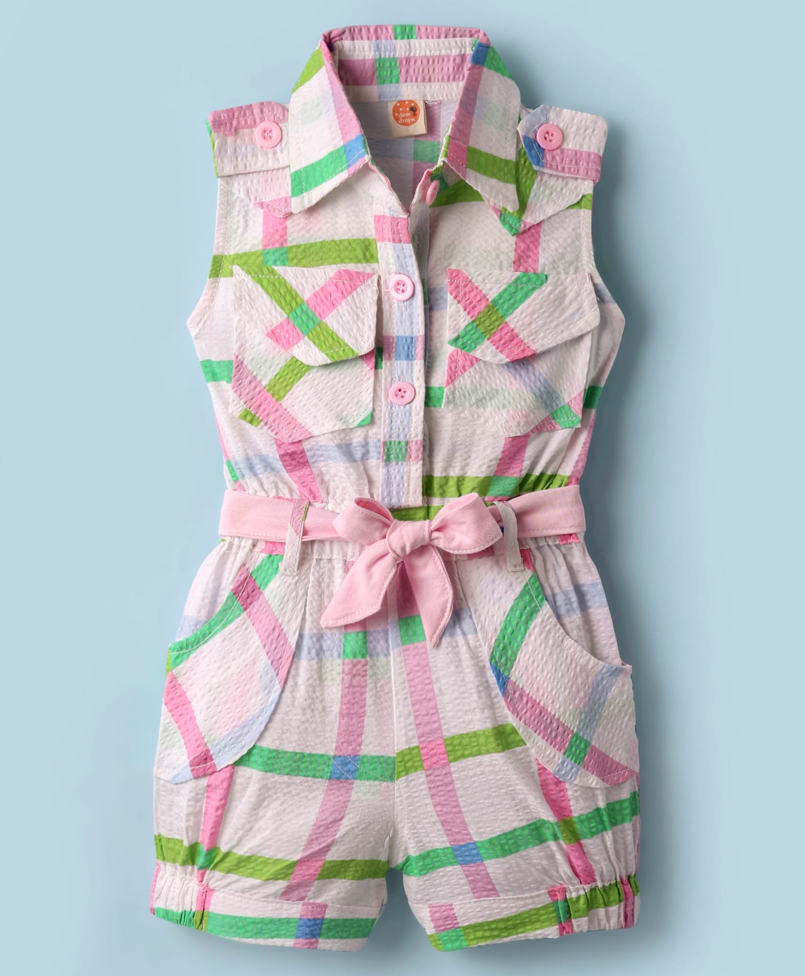 Dew Drops Poplin Woven Sleeveless Jumpsuit with Check Design & Belt - Pink-picture-19