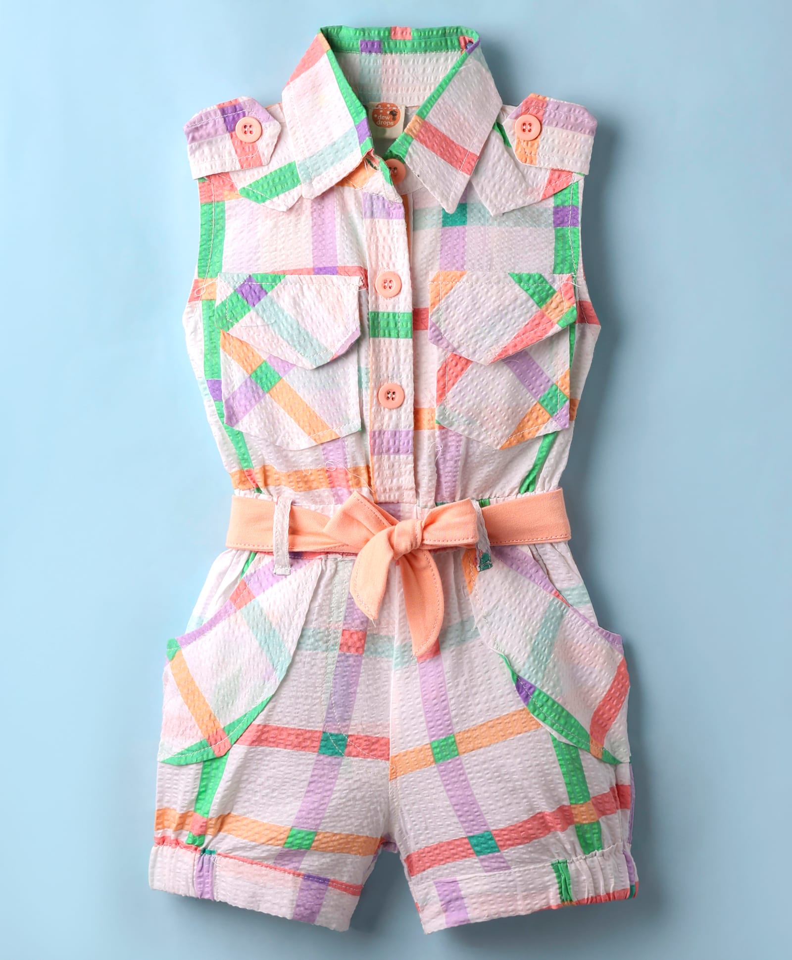 Dew Drops Poplin Woven Sleeveless Printed Jumpsuit With Belt - Peach-picture-12