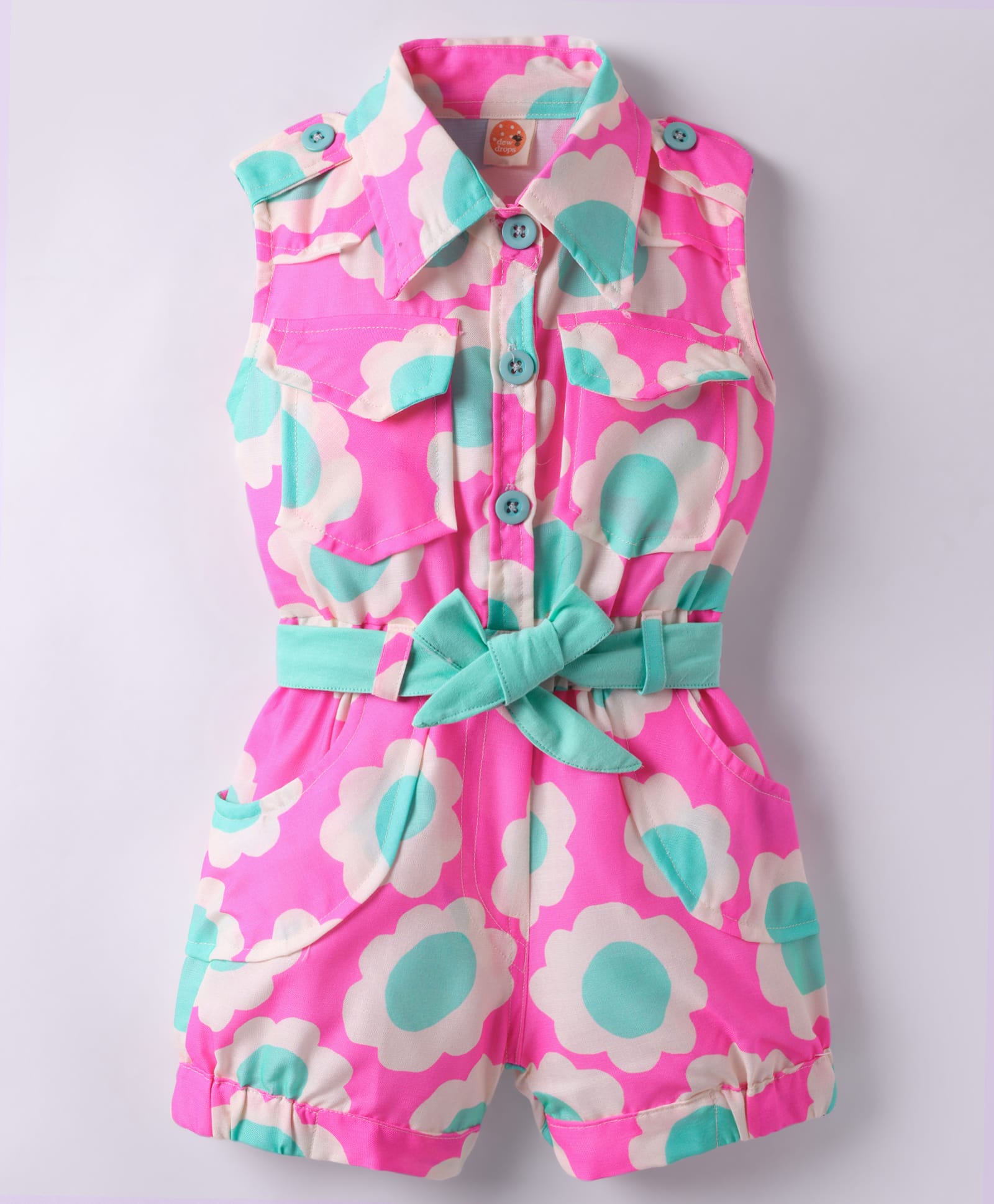 Dew Drops Poplin Woven Sleeveless Collared Jumpsuit with Fabric Belt & Floral Print - Pink-picture-12