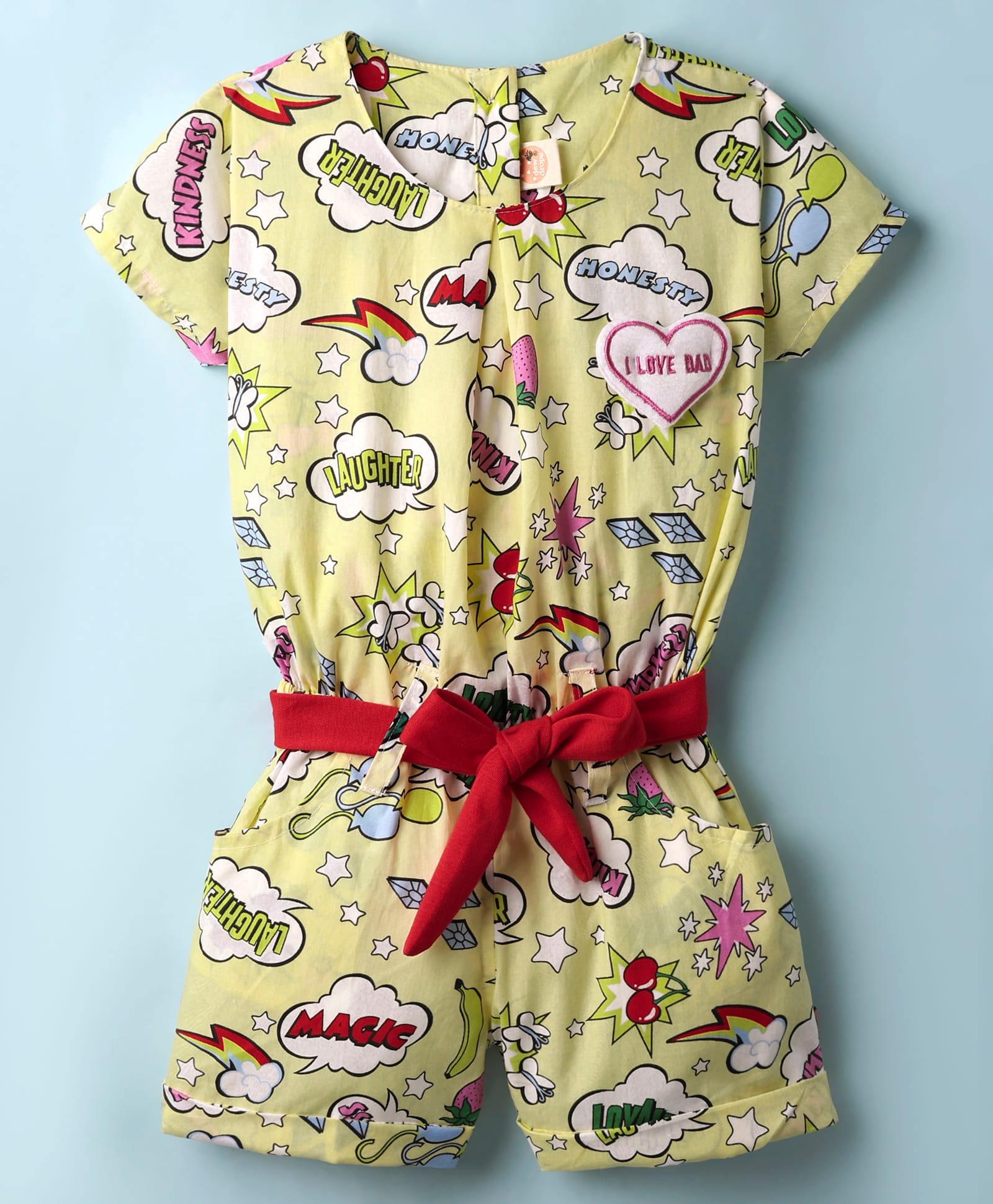 Dew Drops Poplin Woven Half Sleeves Printed Jumpsuit With Belt - Yellow-image-37