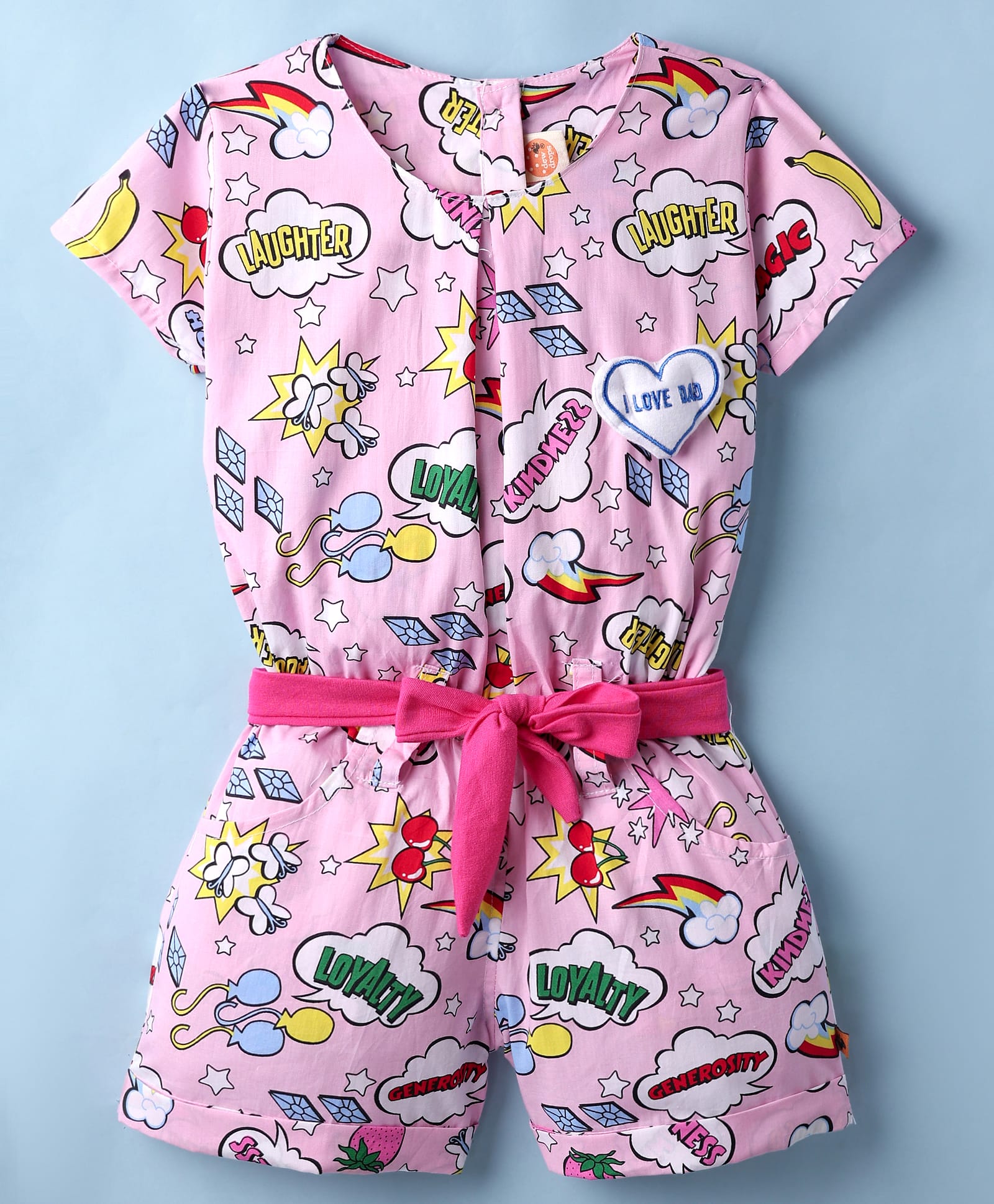 Dew Drops Poplin Woven Half Sleeves Printed Jumpsuit With Belt - Pink-picture-26