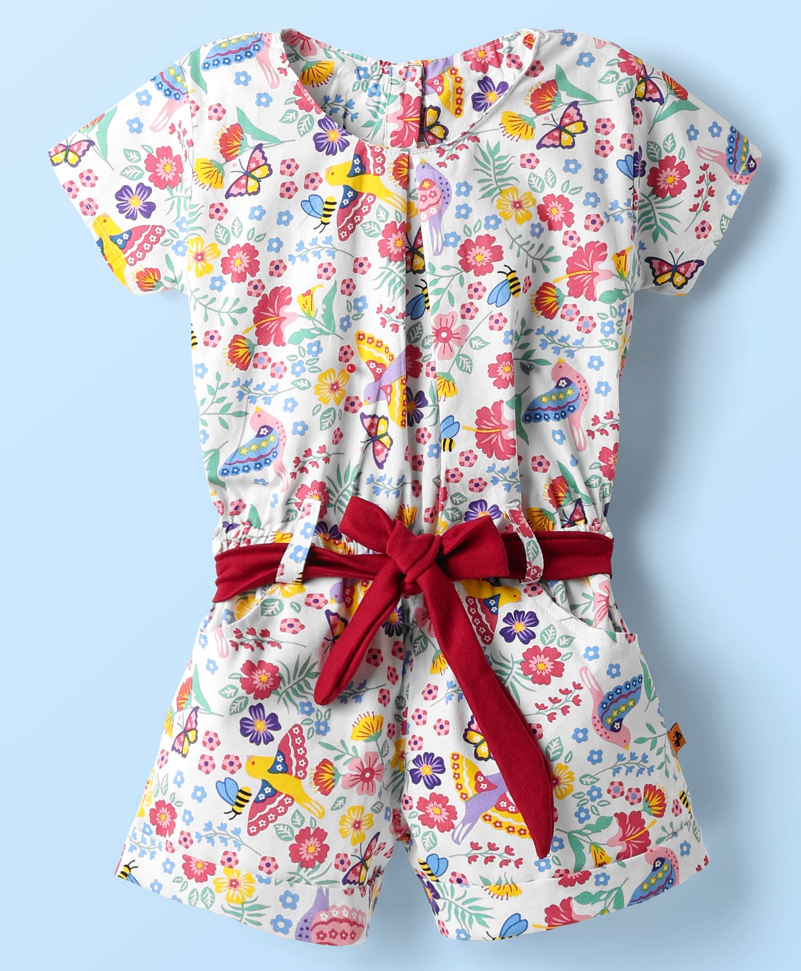 Dew Drops Poplin Woven Half Sleeves Jumpsuit with Floral Print & Belt - Multicolor-image-26