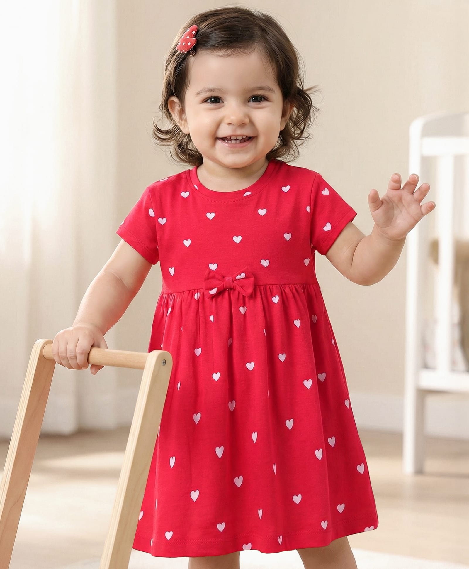 Babyhug Cotton Knit Half Sleeves Heart Printed Frock With Bow Applique & Bloomer - Red-image-38
