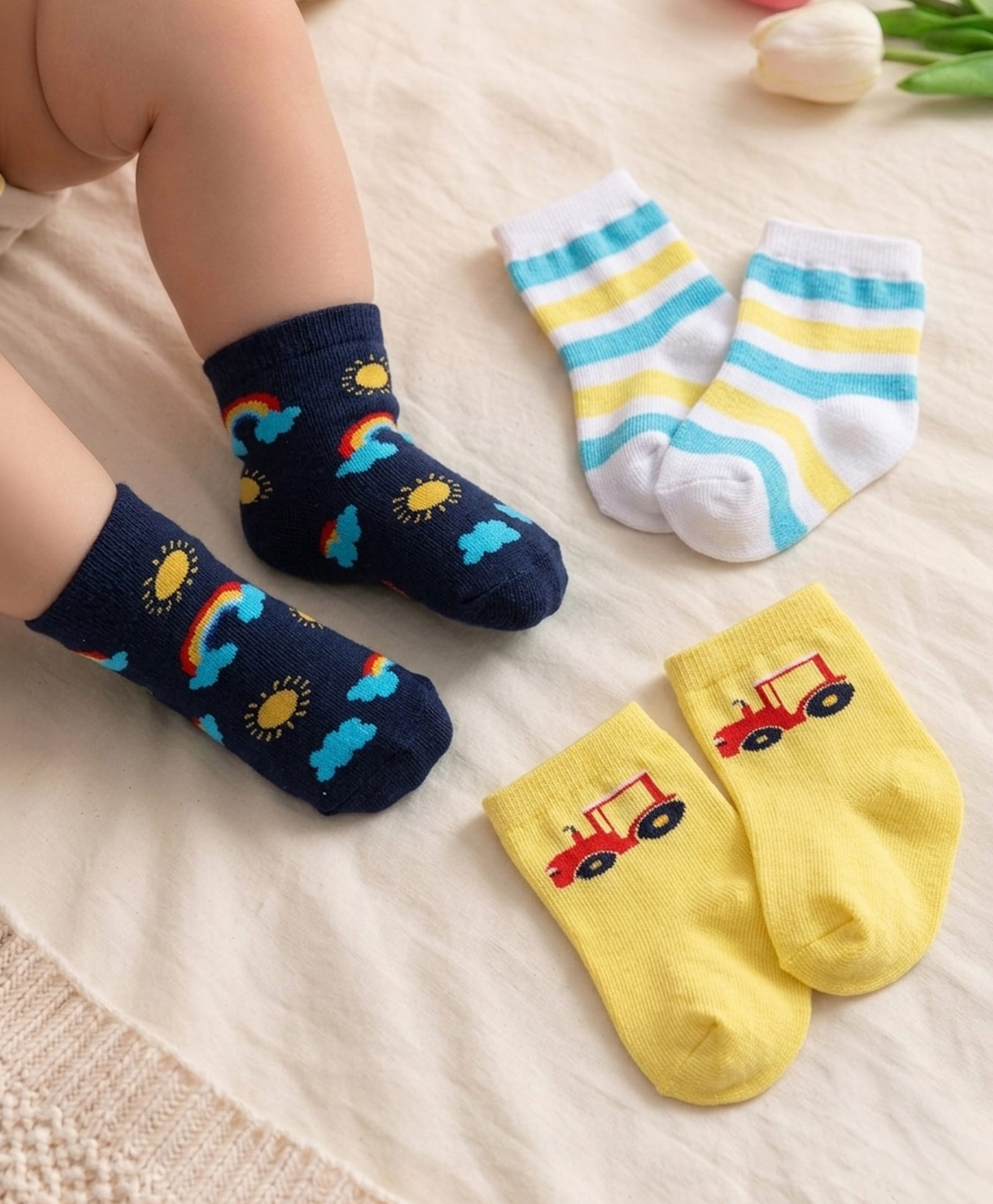 Cute Walk by Babyhug Knit Ankle Length Antibacterial Socks With Stripes & Vehicle Print Pack Of 3 - Yellow White & Navy Blue-image-33