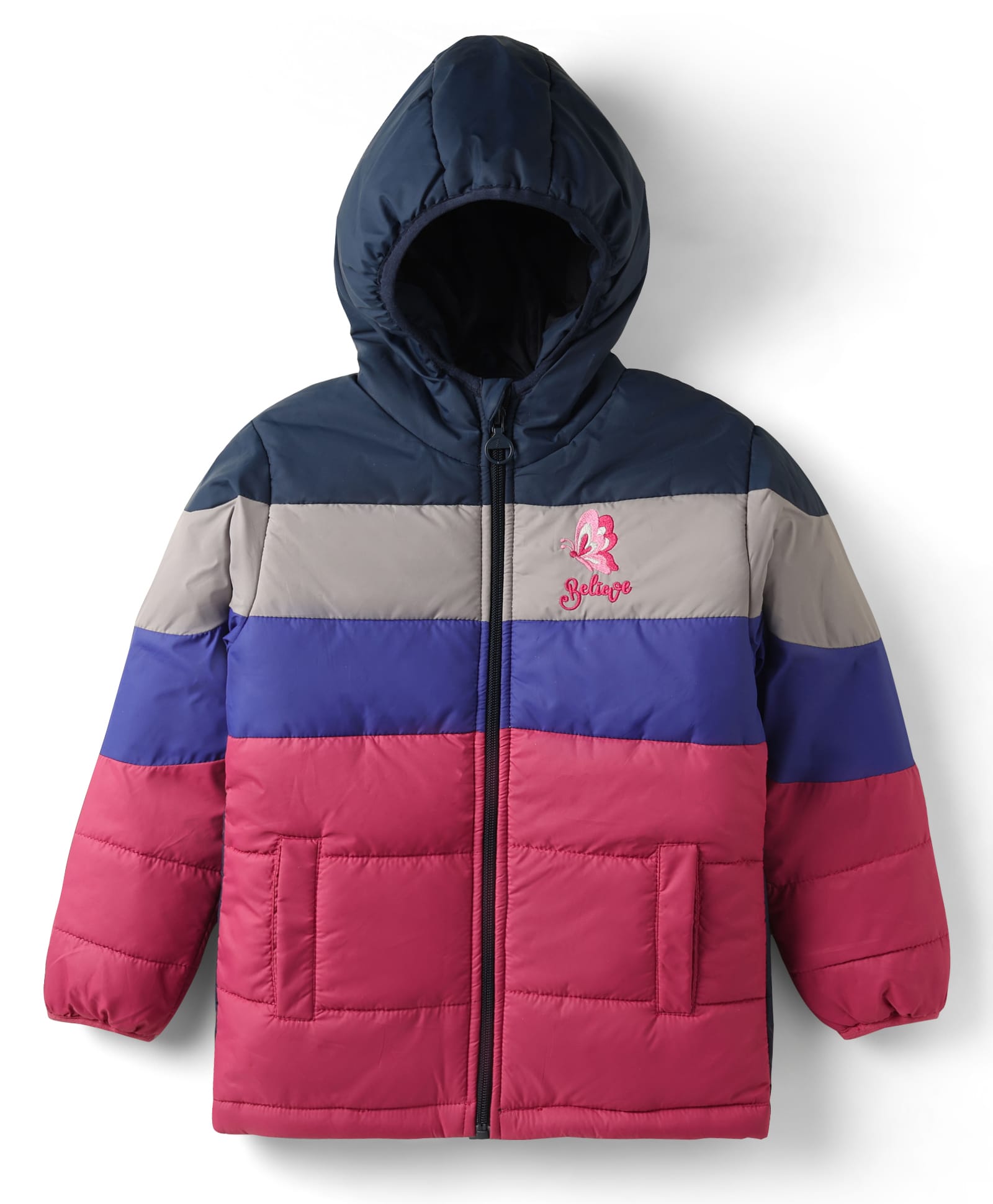 Pine Kids Woven Full Sleeves Colour Block Padded Hooded Jacket With Butterfly Embroidery - Multi Colour-image-3