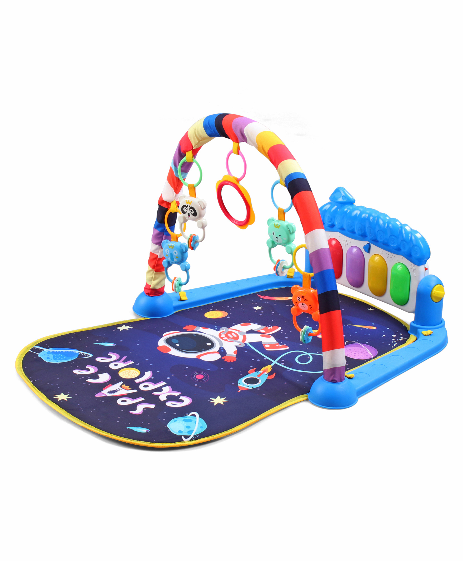 Play Nation Premium Baby Kick and Play Piano Space Theme Play Gym with Lights Music-Light Blue| 5 Hanging Rattles| Musical Keyboard| Activity Portable Playmat| Gift Toy for 0-18 Months| BIS Certified