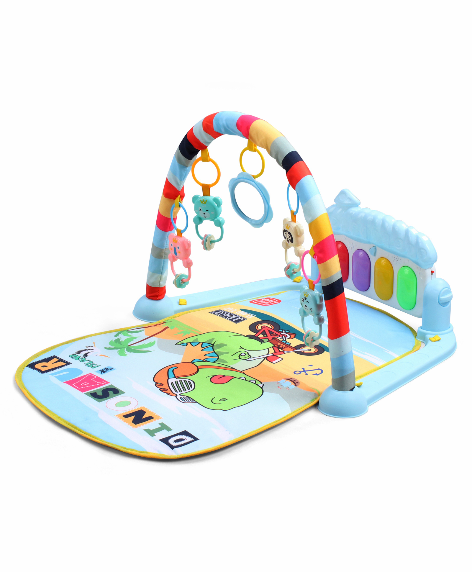 Play Nation Premium Baby Kick and Play Piano Dino Theme Play Gym with Lights Music-Light Blue| 5 Hanging Rattles| Musical Keyboard| Activity Portable Playmat| Gift Toy for 0-18 Months| BIS Certified